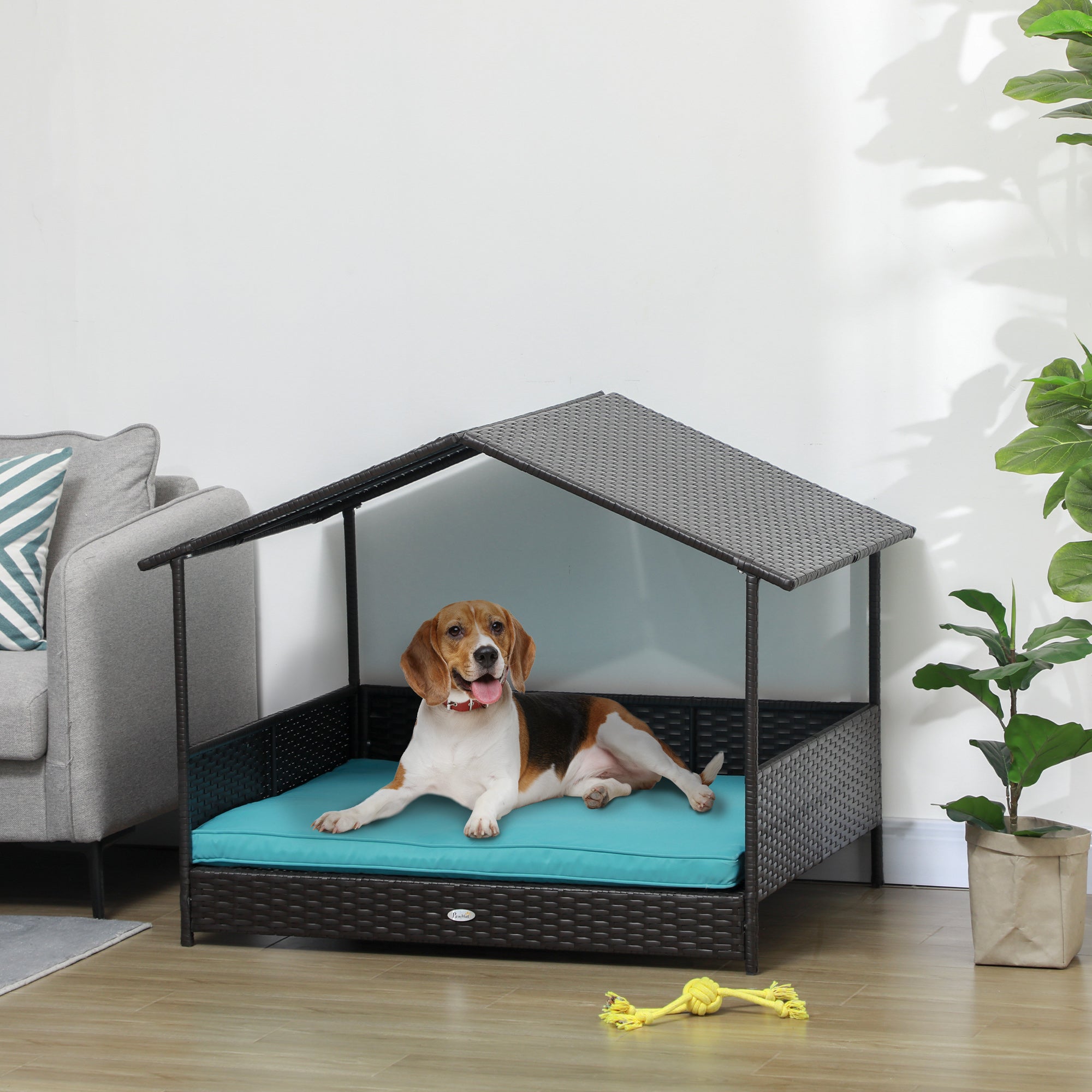 PawHut Rattan Dog House Outdoor with Shade Canopy, Elevated Wicker Dog Bed with Soft Cushion Washable Cover, for Medium Large Dogs, Blue