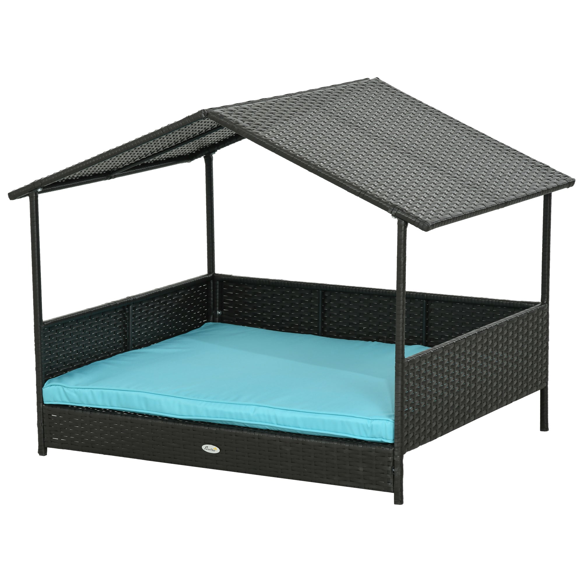 PawHut Rattan Dog House Outdoor with Shade Canopy, Elevated Wicker Dog Bed with Soft Cushion Washable Cover, for Medium Large Dogs, Blue