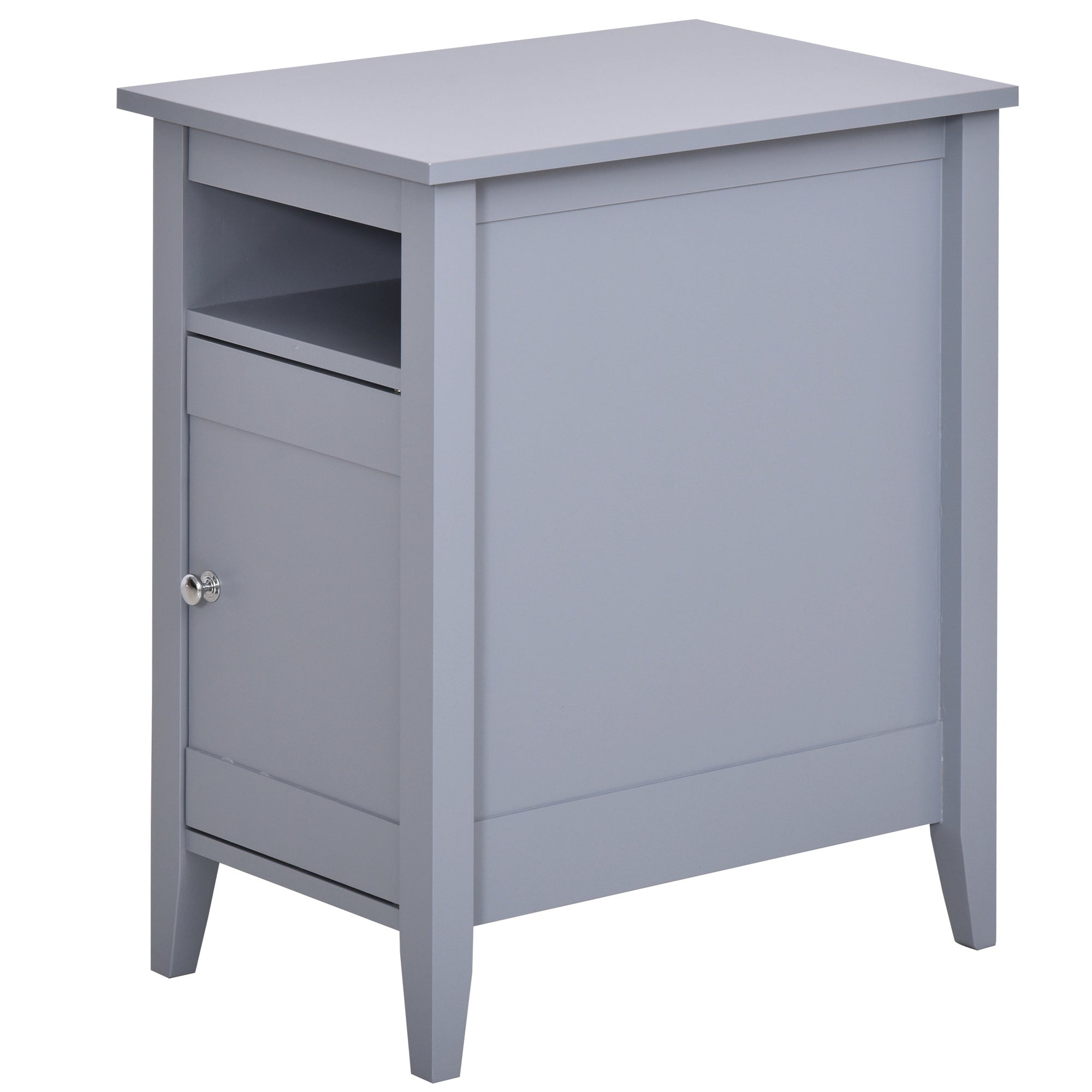 HOMCOM Narrow Side Table, Accent End Table with Pull-out Tray, Open Shelf and Cupboard, Slim Nightstand with Storage for Living Room, Grey