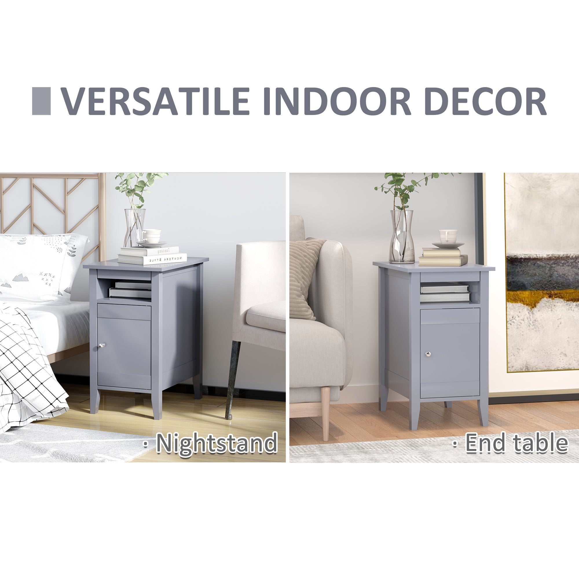 HOMCOM Narrow Side Table, Accent End Table with Pull-out Tray, Open Shelf and Cupboard, Slim Nightstand with Storage for Living Room, Grey