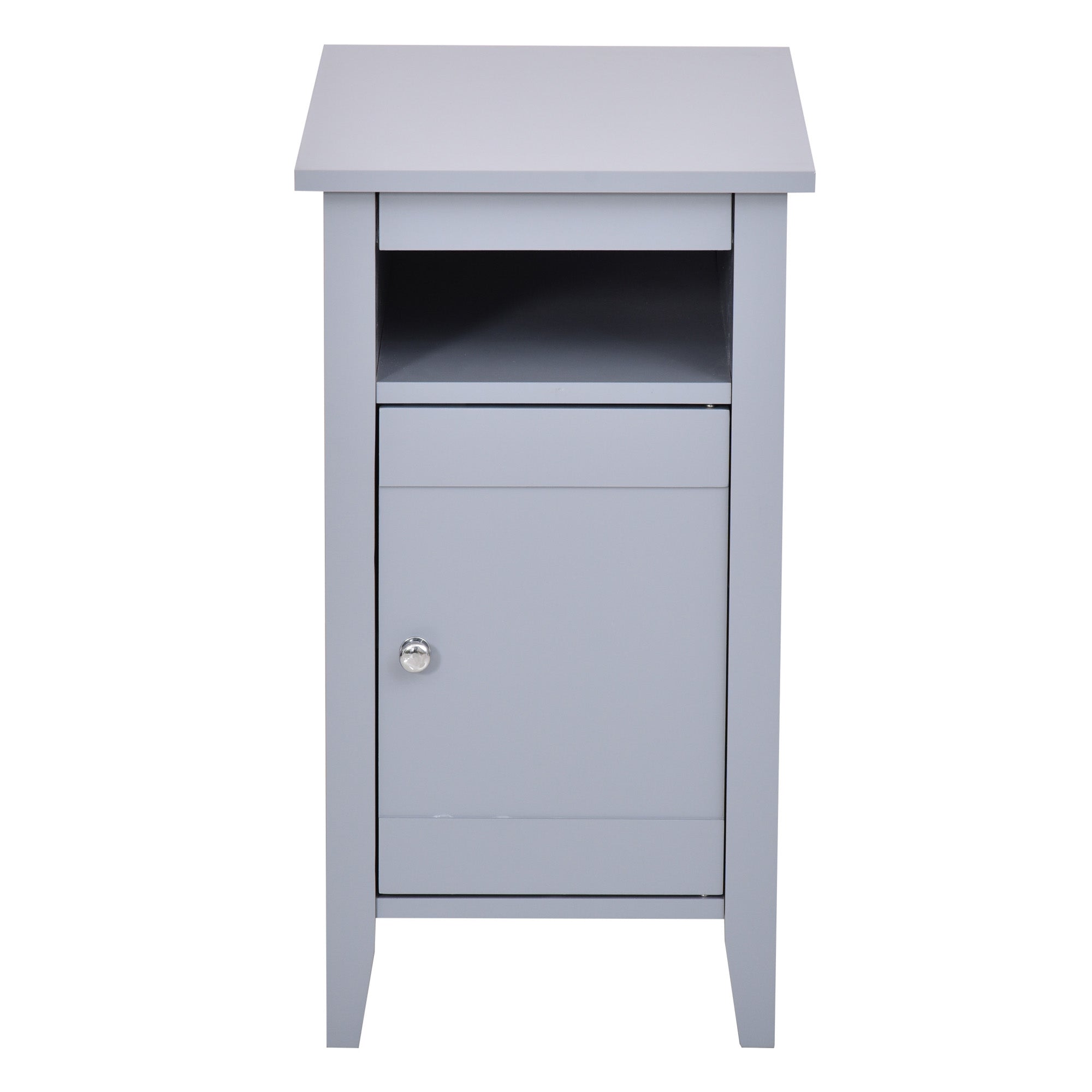 HOMCOM Narrow Side Table, Accent End Table with Pull-out Tray, Open Shelf and Cupboard, Slim Nightstand with Storage for Living Room, Grey