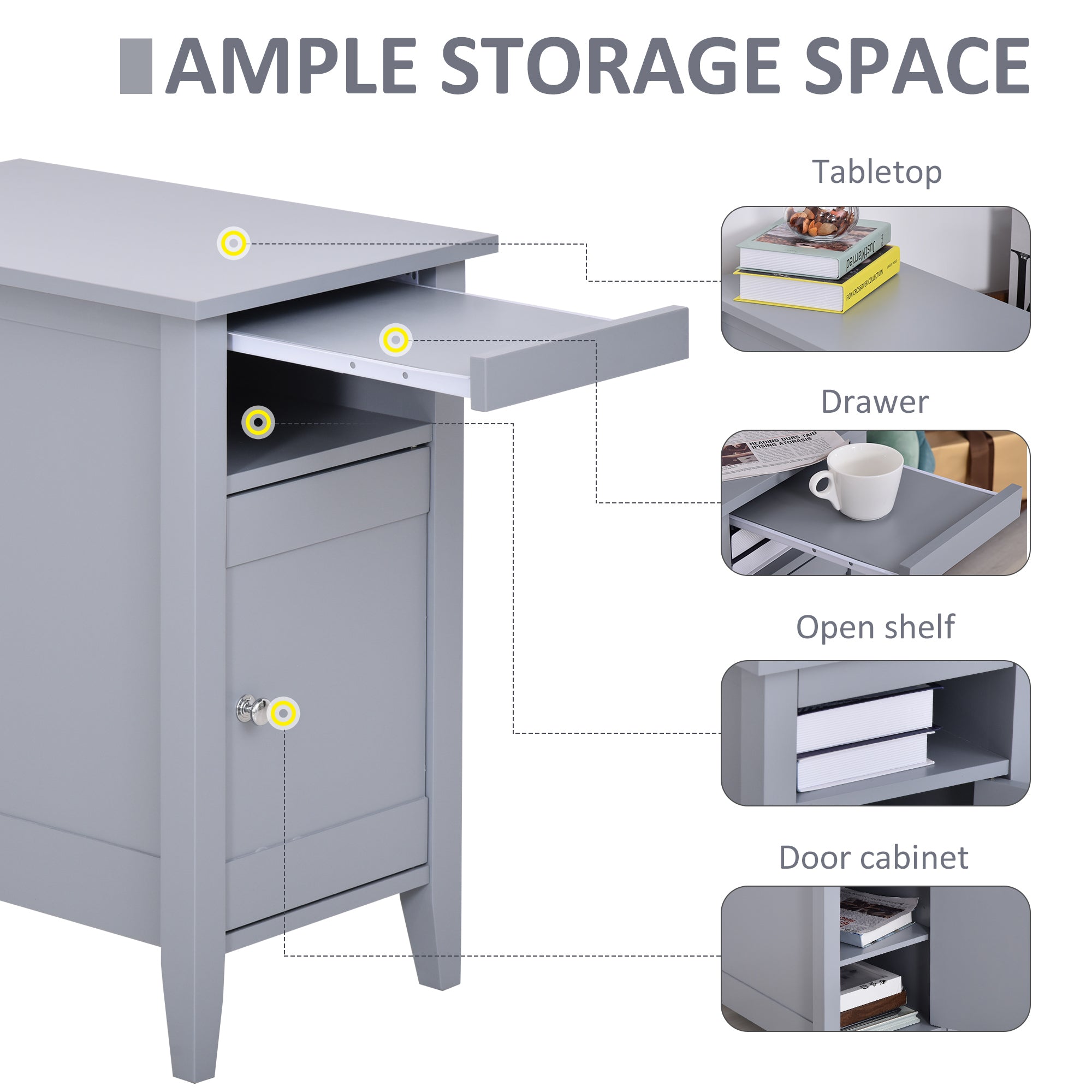 HOMCOM Narrow Side Table, Accent End Table with Pull-out Tray, Open Shelf and Cupboard, Slim Nightstand with Storage for Living Room, Grey