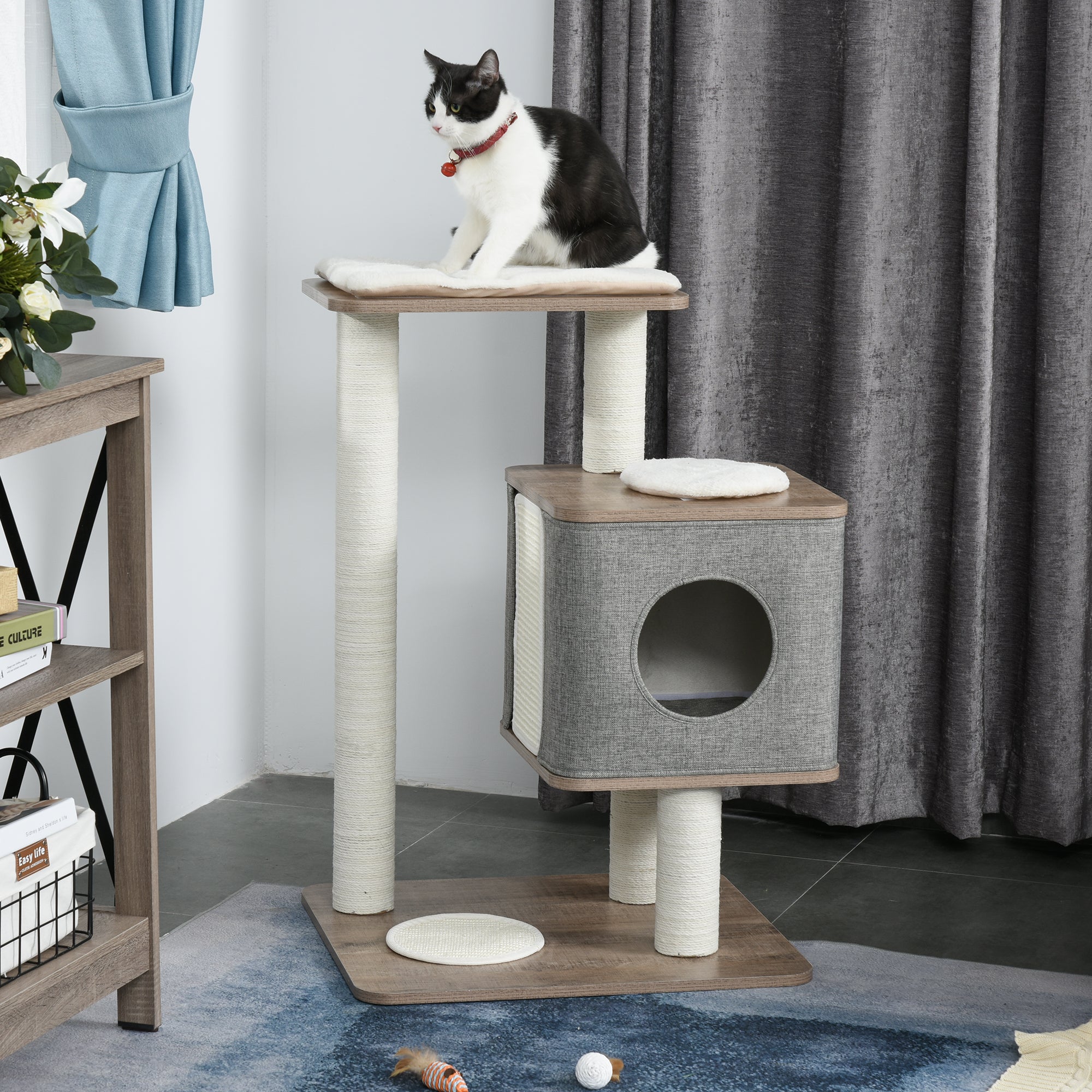PawHut 34" Cat Tree Tower Activity Center with Natural Jute Scratch Material, Cushions on Each Platform, & Condo Area