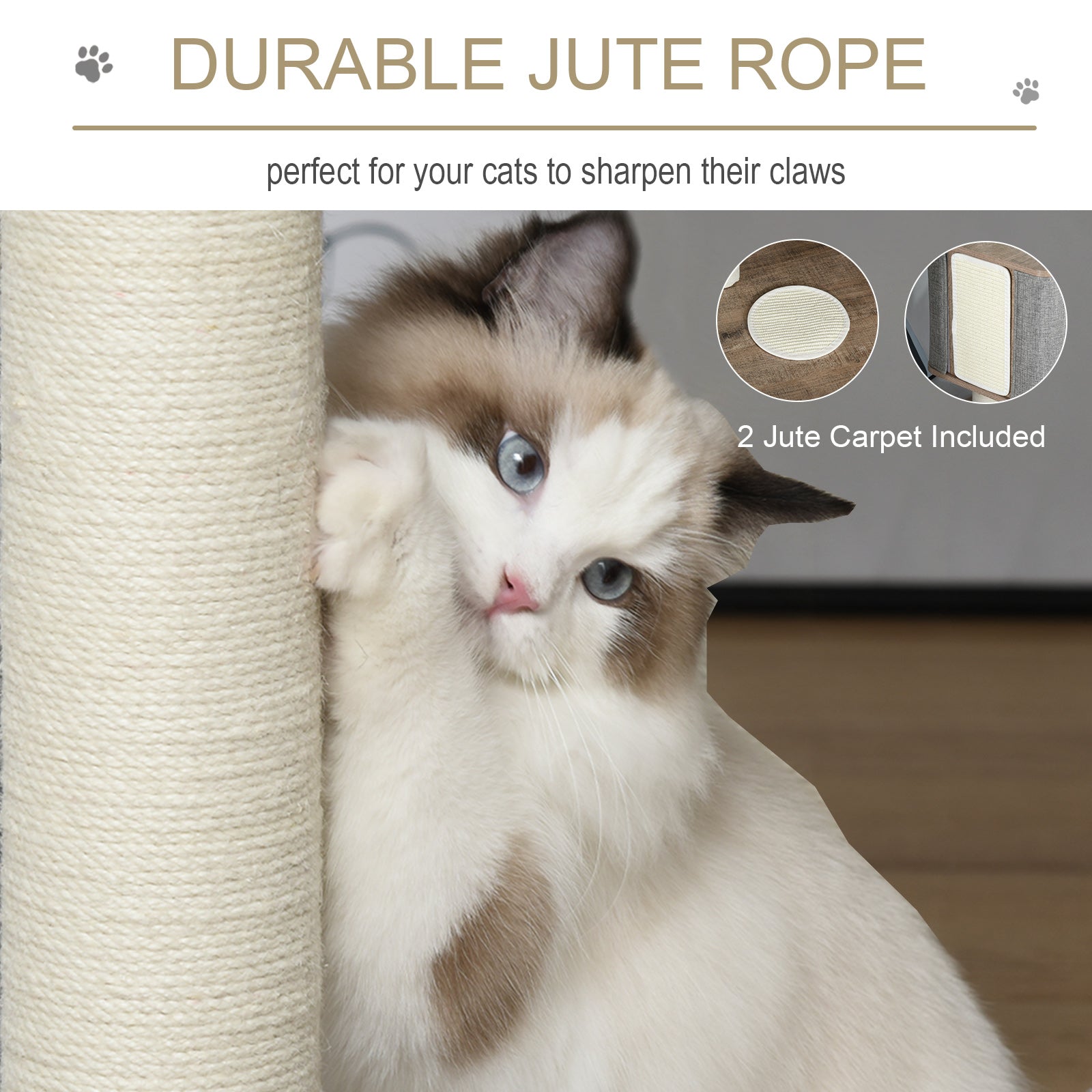 PawHut 34" Cat Tree Tower Activity Center with Natural Jute Scratch Material, Cushions on Each Platform, & Condo Area