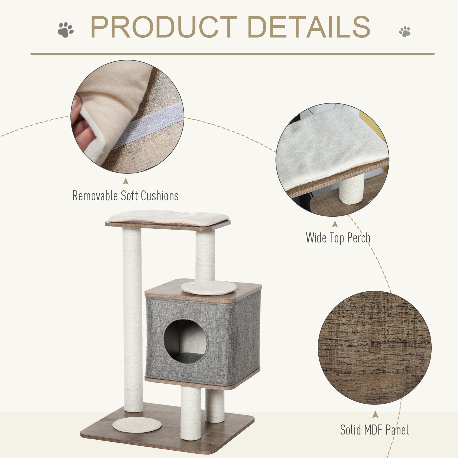 PawHut 34" Cat Tree Tower Activity Center with Natural Jute Scratch Material, Cushions on Each Platform, & Condo Area