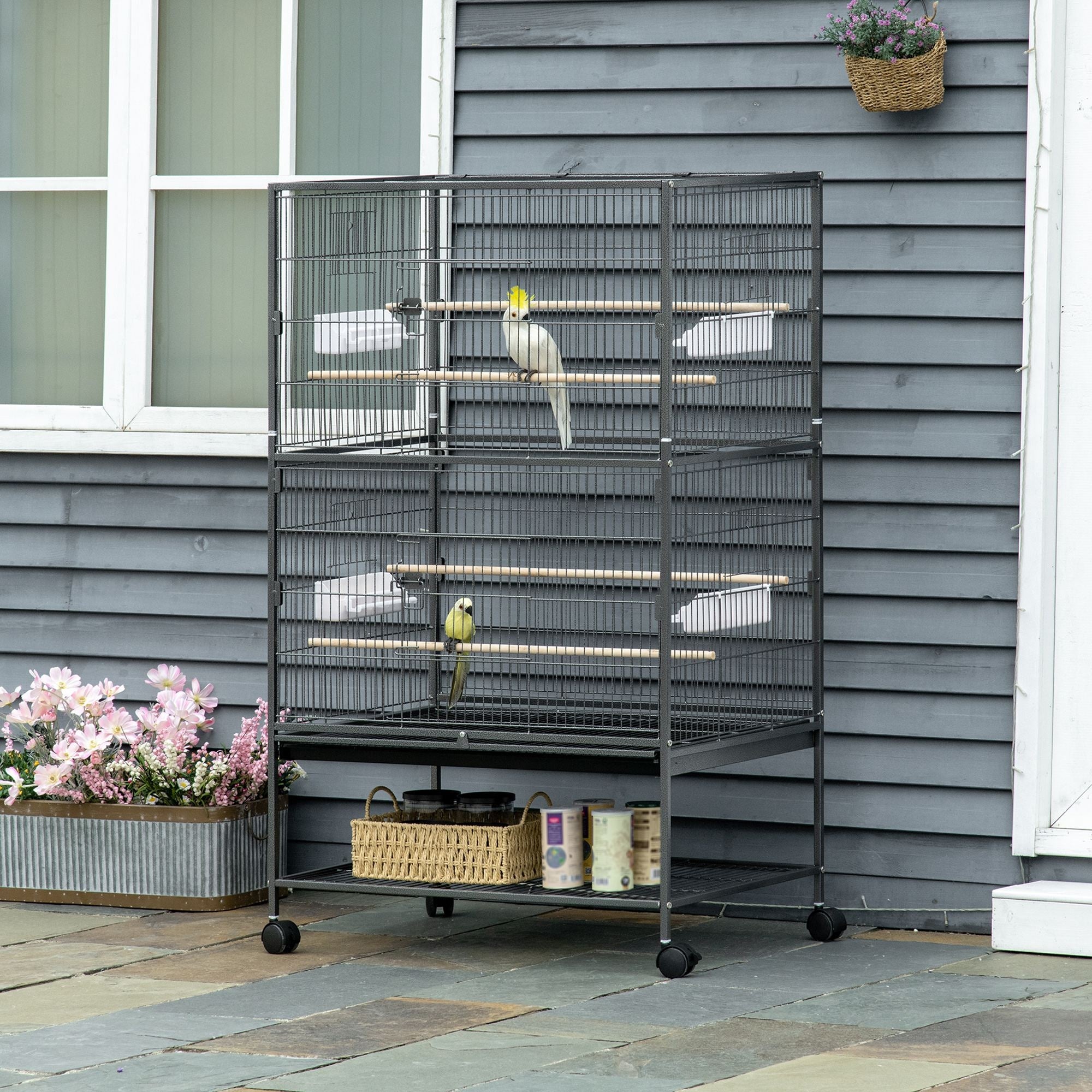 PawHut 52" Large Rolling Steel Bird Cage Bird House with Rolling Stand, Storage Shelf, Wood Perch, Food Container, Dark Grey
