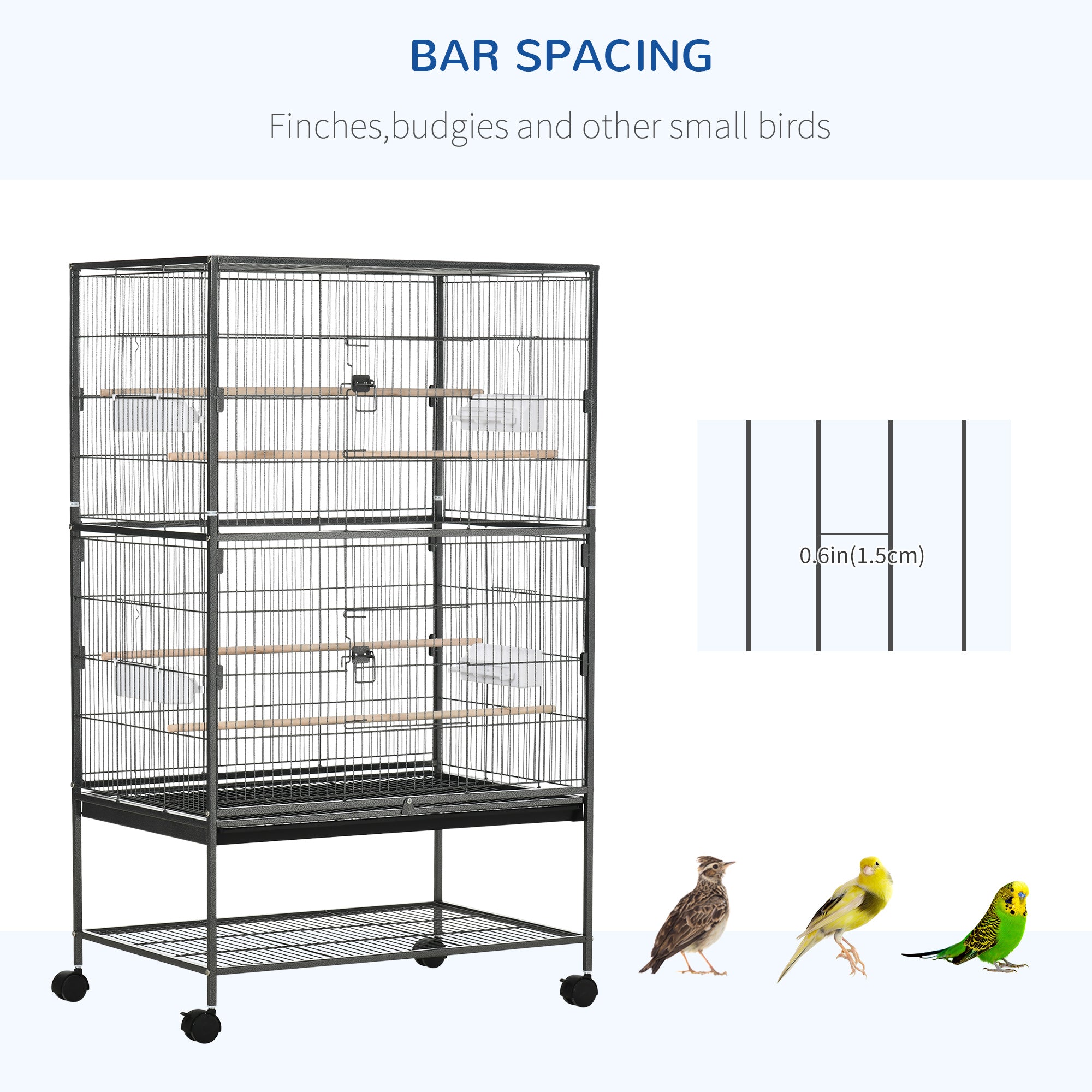PawHut 52" Large Rolling Steel Bird Cage Bird House with Rolling Stand, Storage Shelf, Wood Perch, Food Container, Dark Grey
