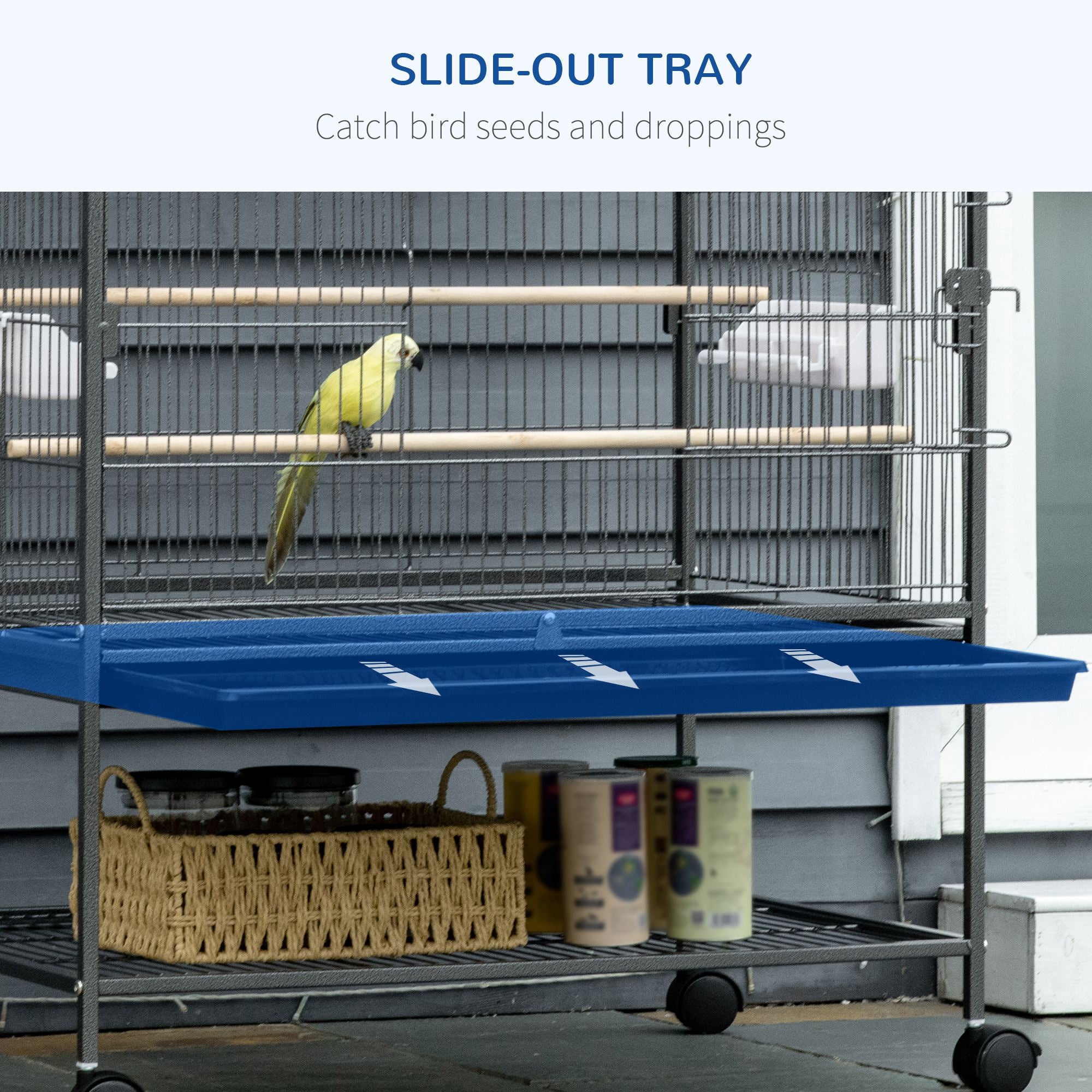 PawHut 52" Large Rolling Steel Bird Cage Bird House with Rolling Stand, Storage Shelf, Wood Perch, Food Container, Dark Grey