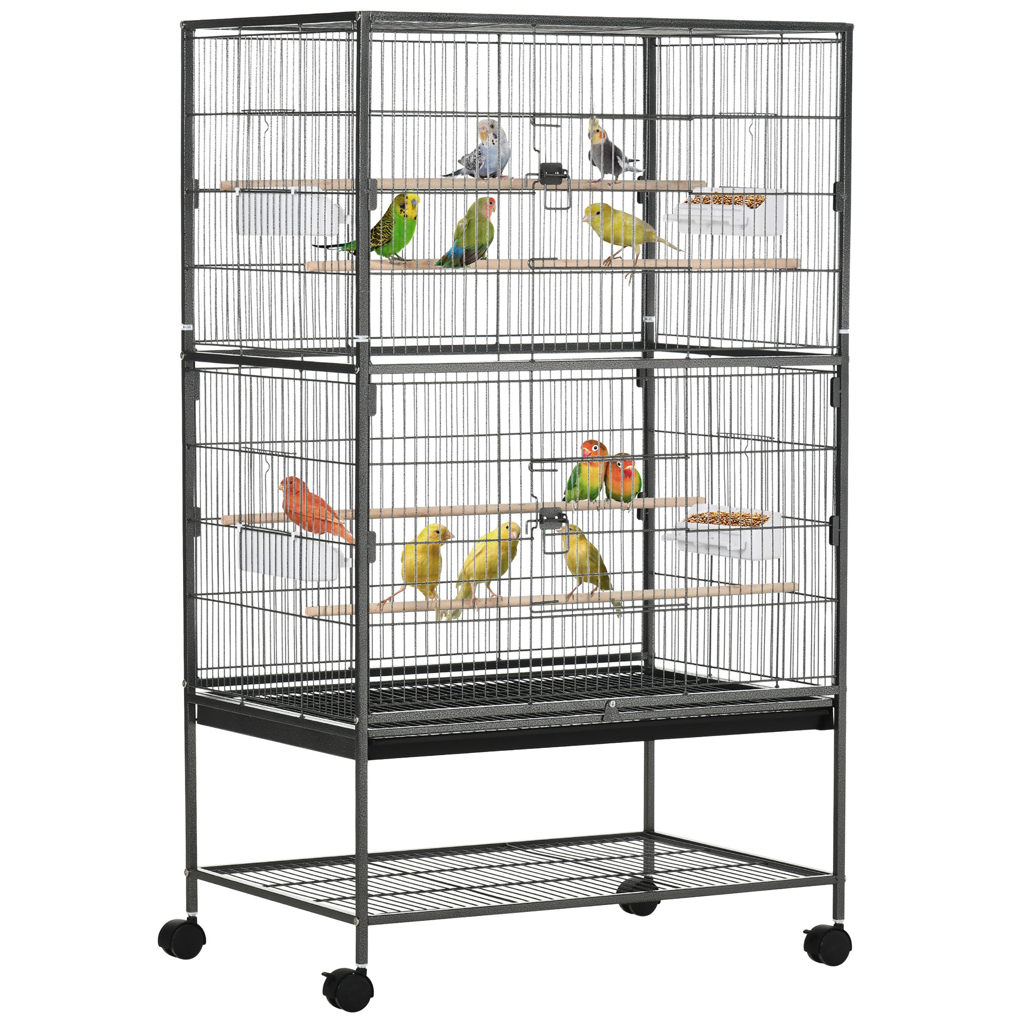 PawHut 52" Large Rolling Steel Bird Cage Bird House with Rolling Stand, Storage Shelf, Wood Perch, Food Container, Dark Grey