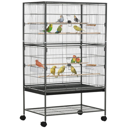 PawHut 52" Large Rolling Steel Bird Cage Bird House with Rolling Stand, Storage Shelf, Wood Perch, Food Container, Dark Grey