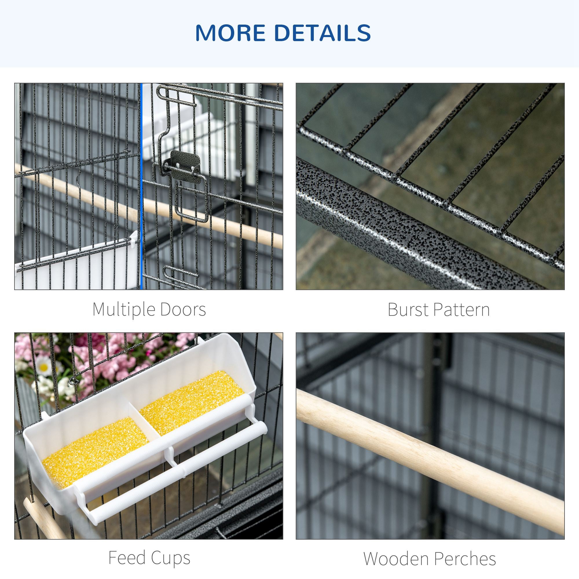 PawHut 52" Large Rolling Steel Bird Cage Bird House with Rolling Stand, Storage Shelf, Wood Perch, Food Container, Dark Grey