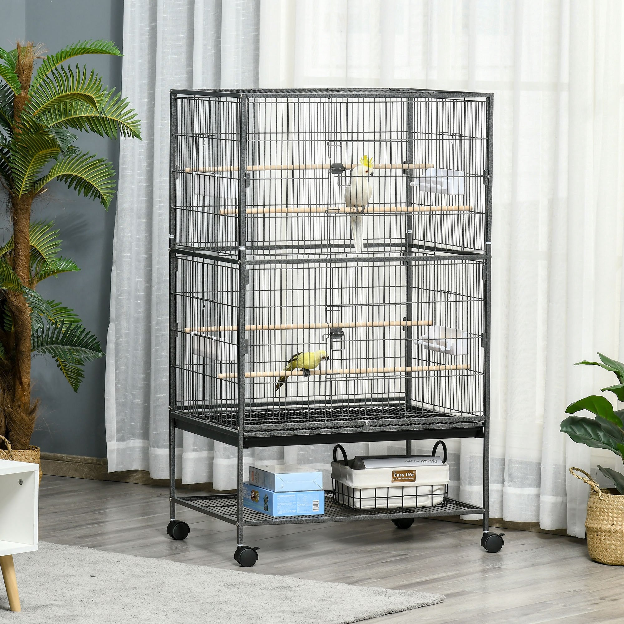 PawHut 52" Large Rolling Steel Bird Cage Bird House with Rolling Stand, Storage Shelf, Wood Perch, Food Container, Dark Grey
