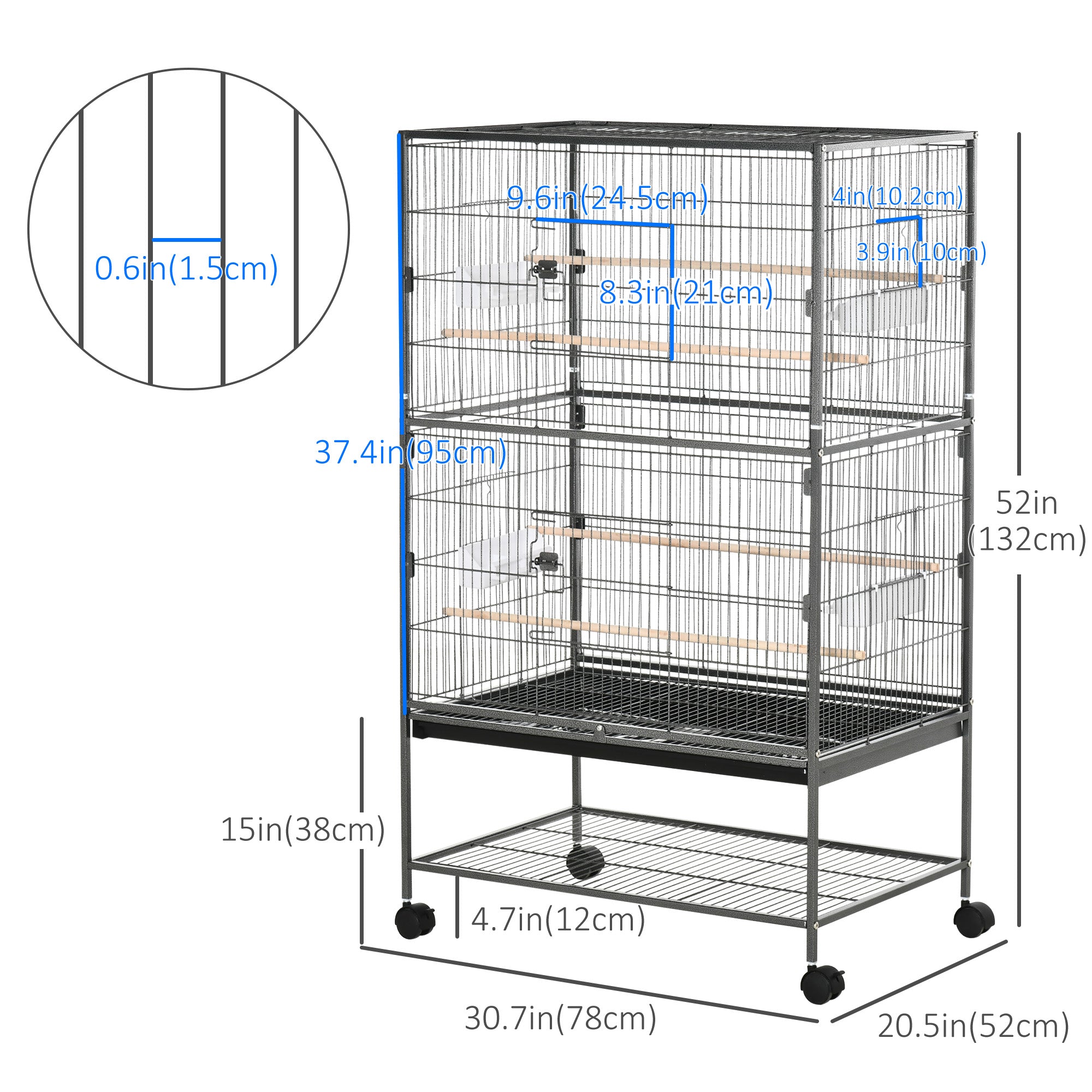 PawHut 52" Large Rolling Steel Bird Cage Bird House with Rolling Stand, Storage Shelf, Wood Perch, Food Container, Dark Grey
