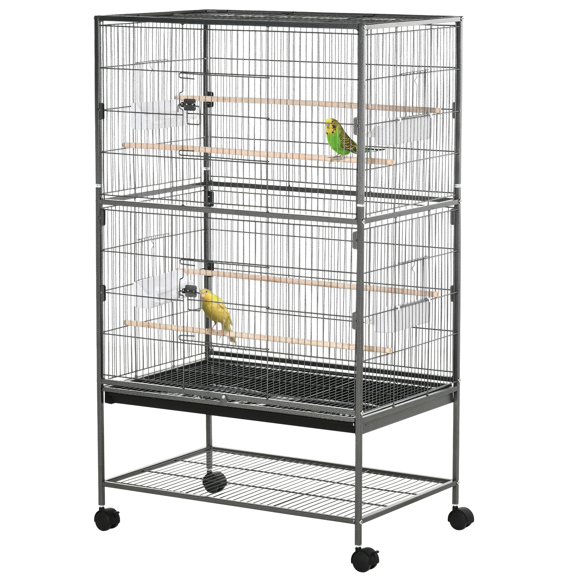 PawHut 52" Large Rolling Steel Bird Cage Bird House with Rolling Stand, Storage Shelf, Wood Perch, Food Container, Dark Grey