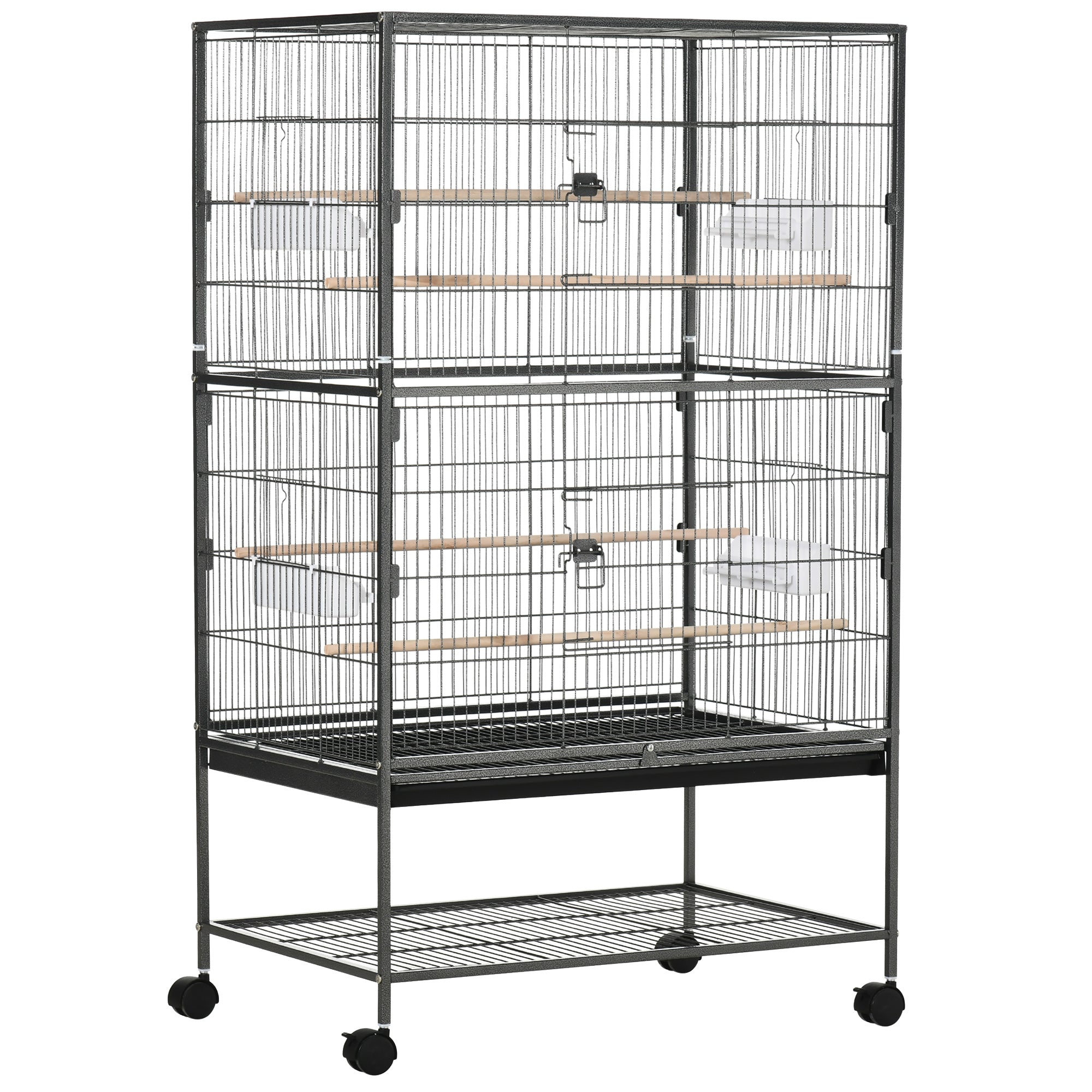 PawHut 52" Large Rolling Steel Bird Cage Bird House with Rolling Stand, Storage Shelf, Wood Perch, Food Container, Dark Grey