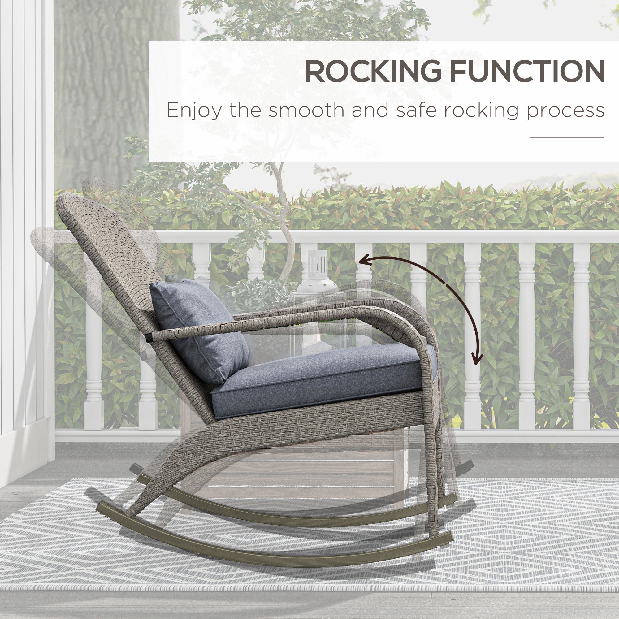 Outsunny Outdoor Wicker Adirondack Rocking Chair, Patio Rattan Rocker Chair with High Back, Seat Cushion and Pillow for Garden, Porch, Balcony, Grey
