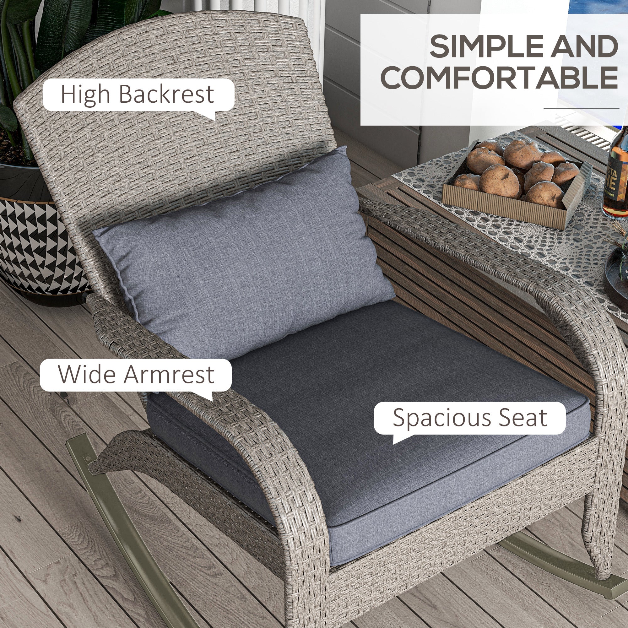 Outsunny Outdoor Wicker Adirondack Rocking Chair, Patio Rattan Rocker Chair with High Back, Seat Cushion and Pillow for Garden, Porch, Balcony, Grey