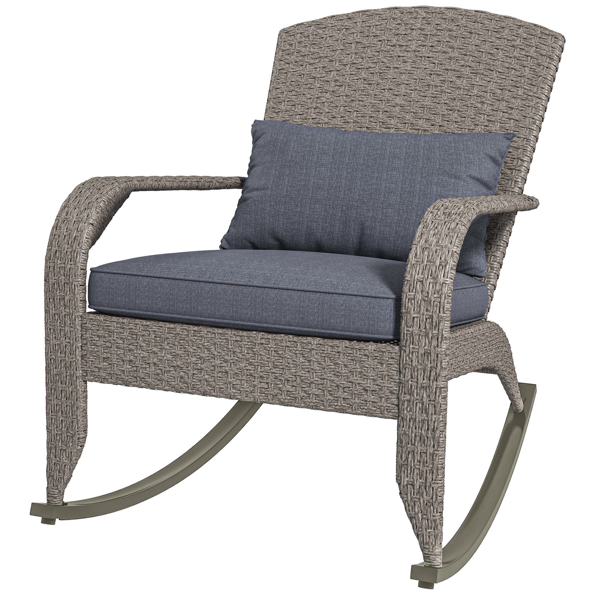 Outsunny Outdoor Wicker Adirondack Rocking Chair, Patio Rattan Rocker Chair with High Back, Seat Cushion and Pillow for Garden, Porch, Balcony, Grey