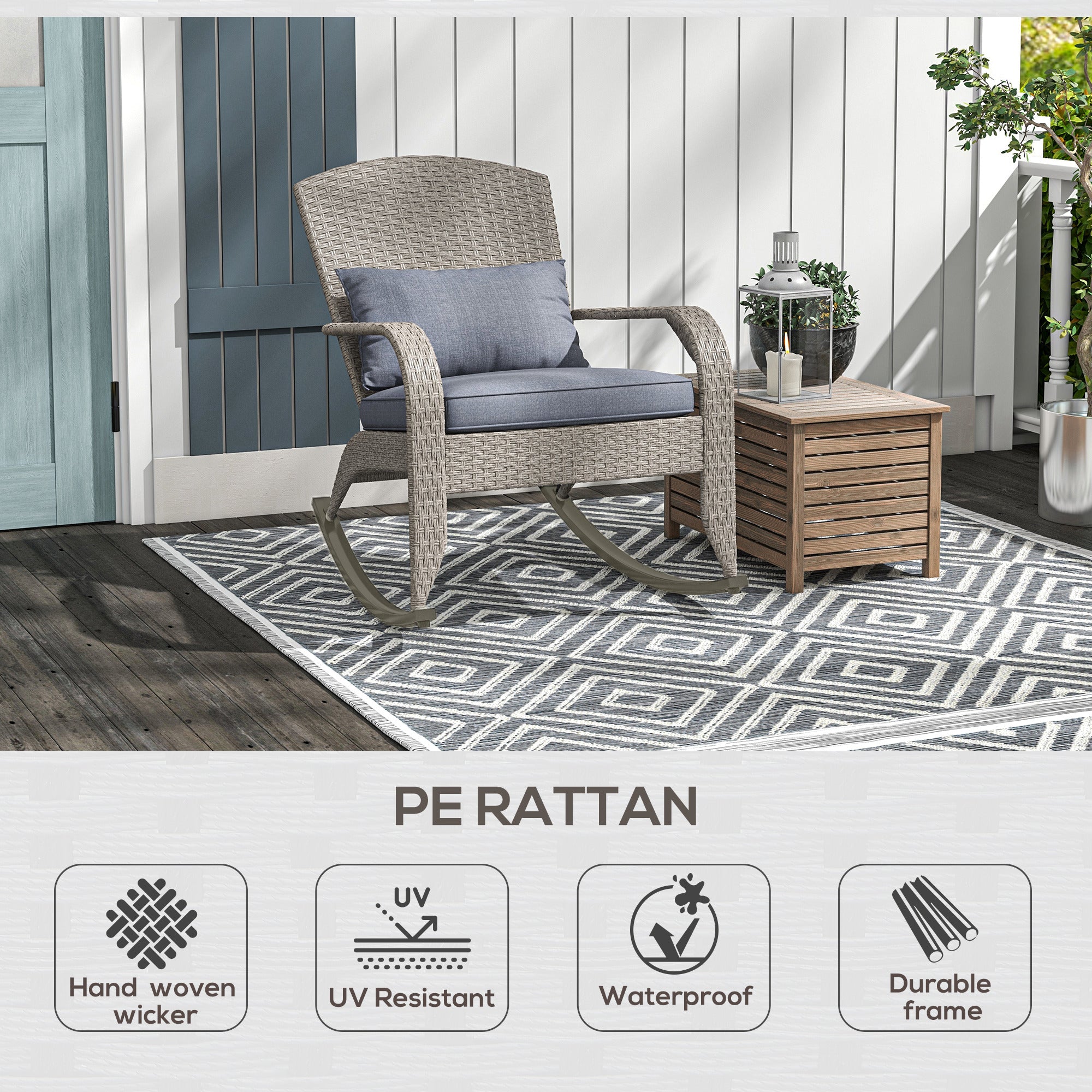 Outsunny Outdoor Wicker Adirondack Rocking Chair, Patio Rattan Rocker Chair with High Back, Seat Cushion and Pillow for Garden, Porch, Balcony, Grey