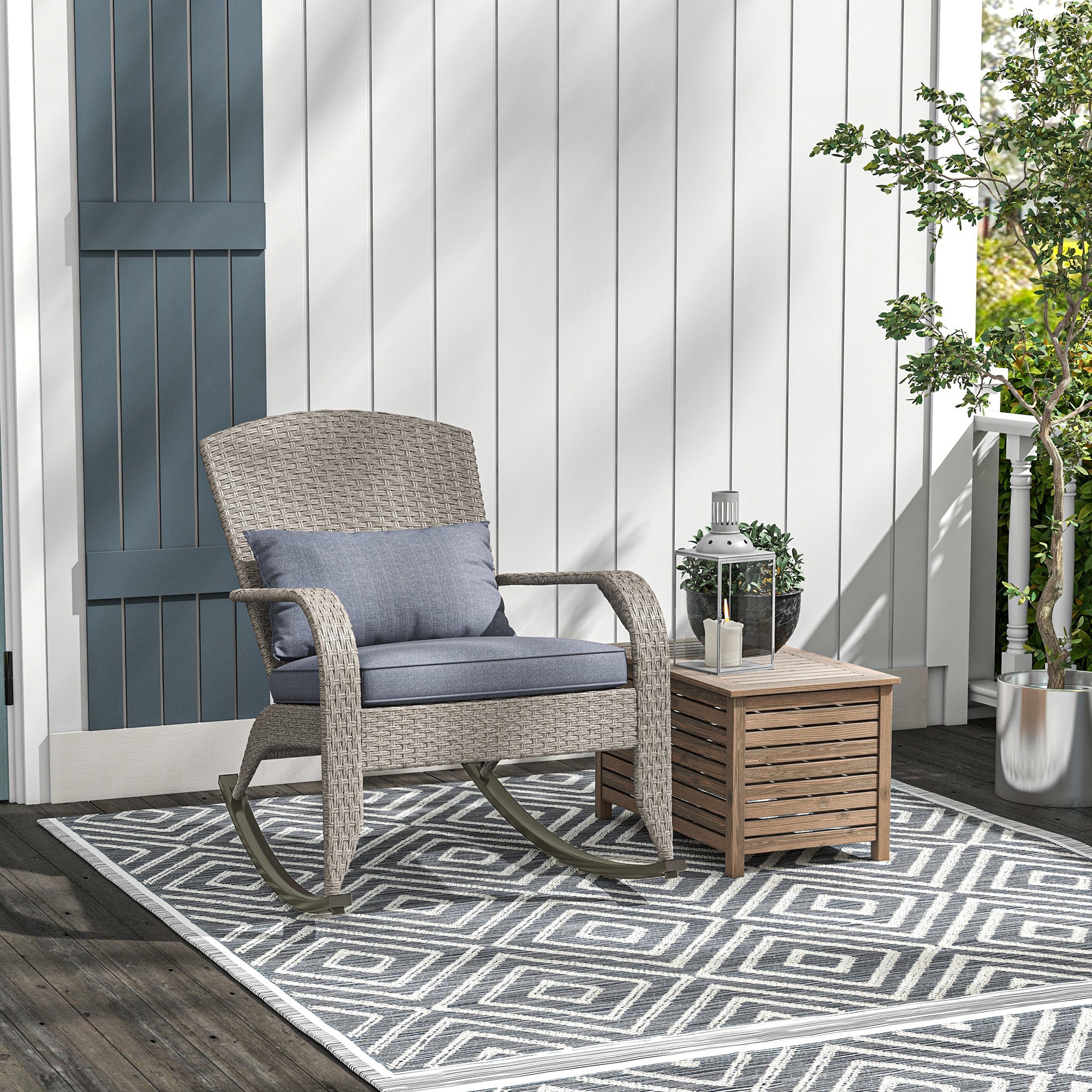 Outsunny Outdoor Wicker Adirondack Rocking Chair, Patio Rattan Rocker Chair with High Back, Seat Cushion and Pillow for Garden, Porch, Balcony, Grey