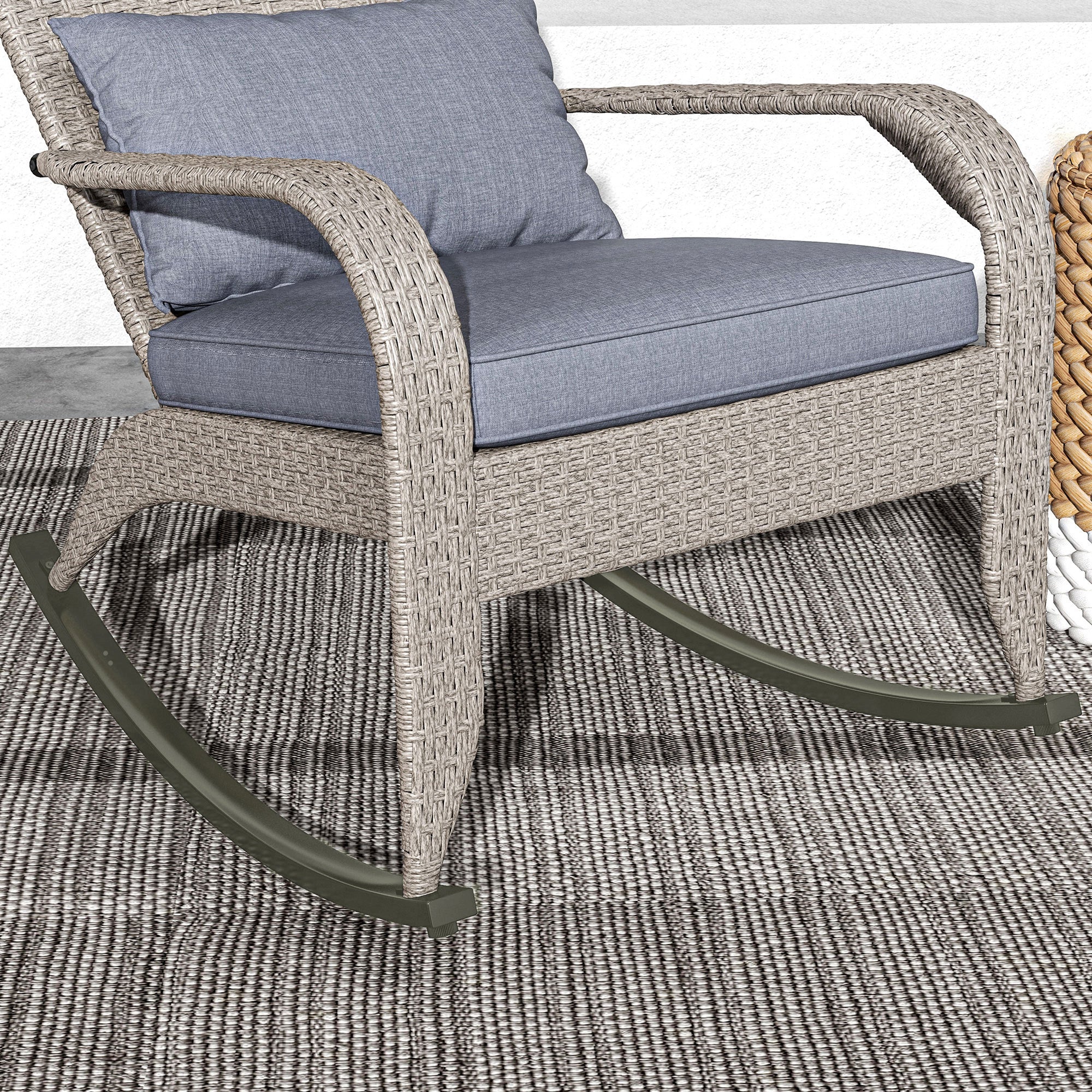 Outsunny Outdoor Wicker Adirondack Rocking Chair, Patio Rattan Rocker Chair with High Back, Seat Cushion and Pillow for Garden, Porch, Balcony, Grey