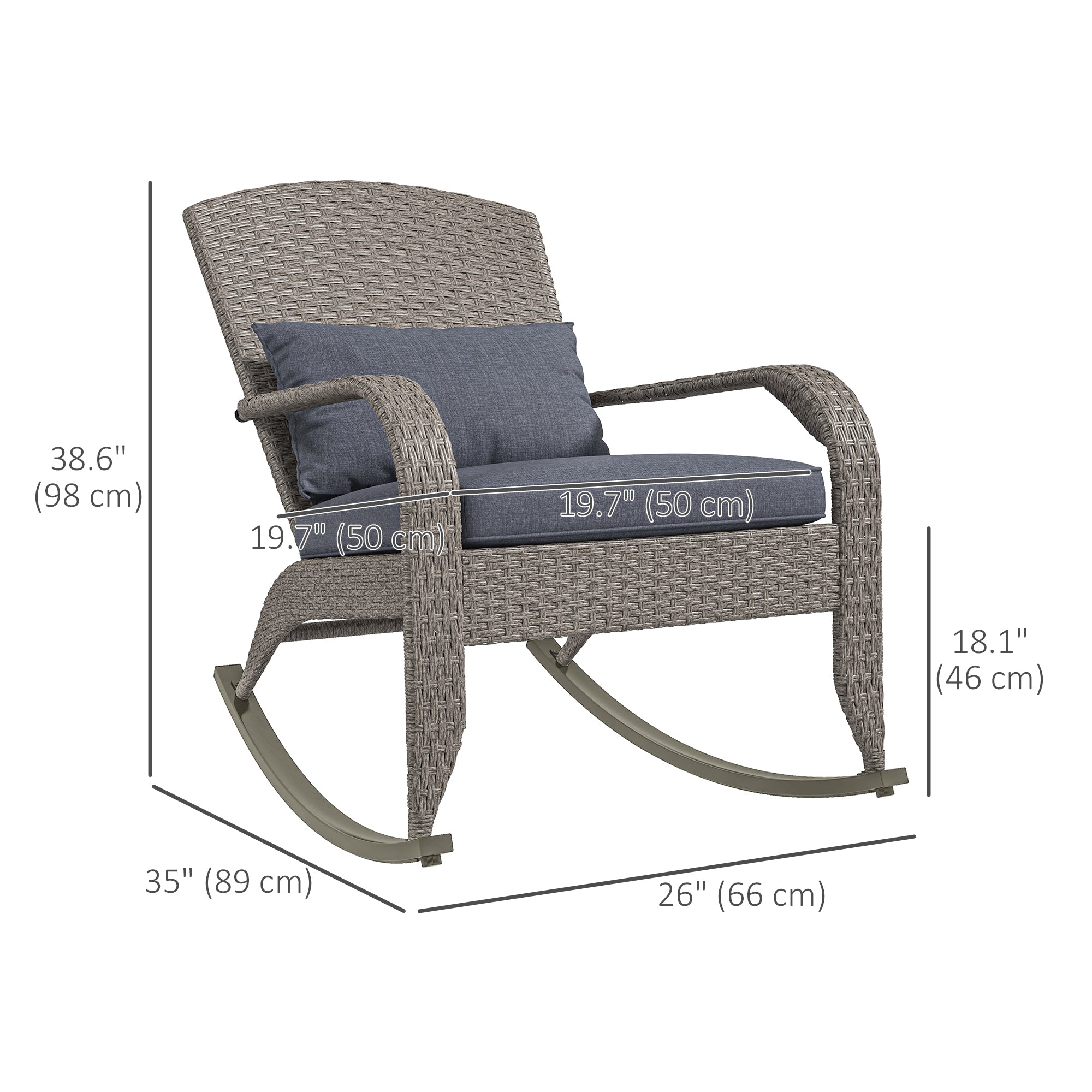Outsunny Outdoor Wicker Adirondack Rocking Chair, Patio Rattan Rocker Chair with High Back, Seat Cushion and Pillow for Garden, Porch, Balcony, Grey