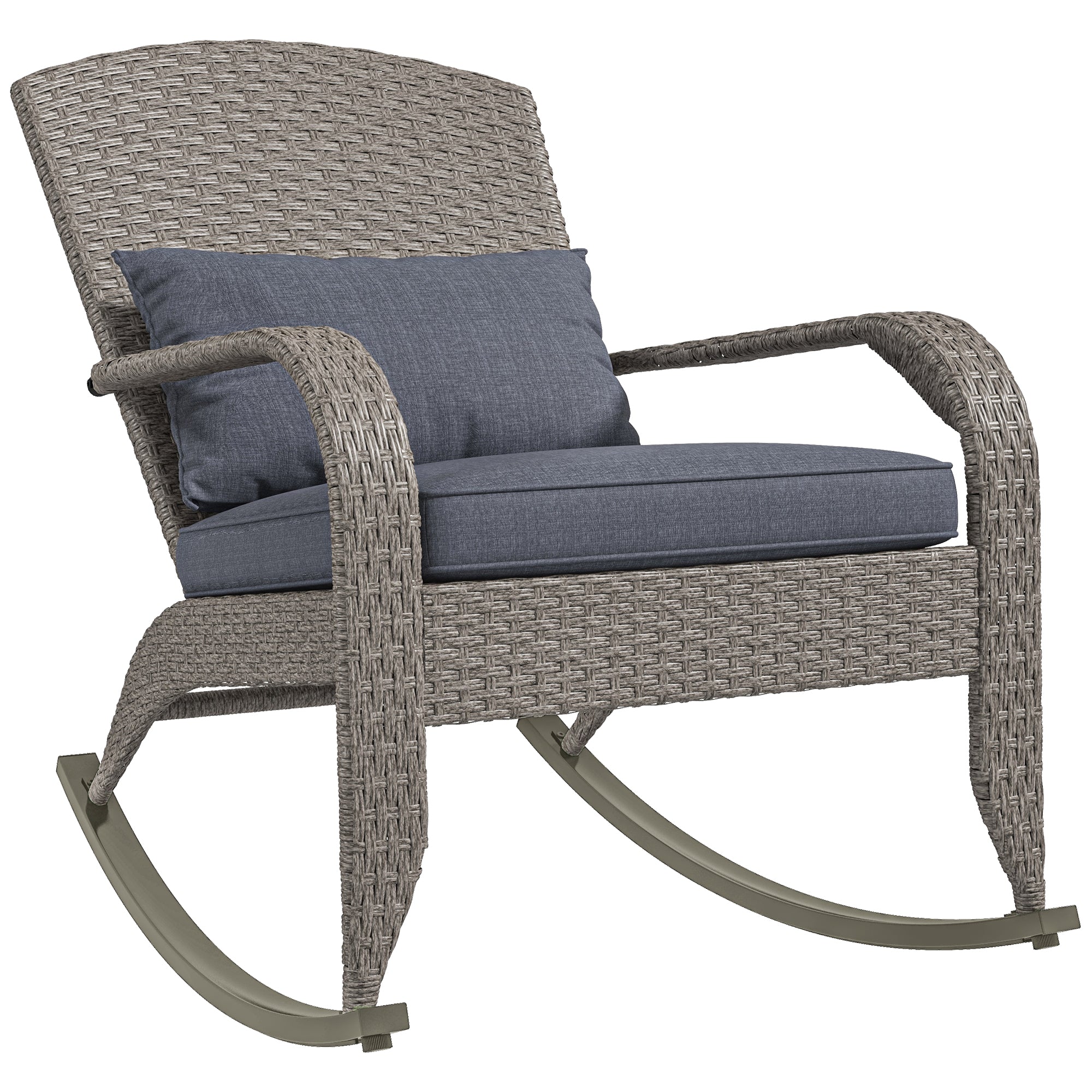 Outsunny Outdoor Wicker Adirondack Rocking Chair, Patio Rattan Rocker Chair with High Back, Seat Cushion and Pillow for Garden, Porch, Balcony, Grey