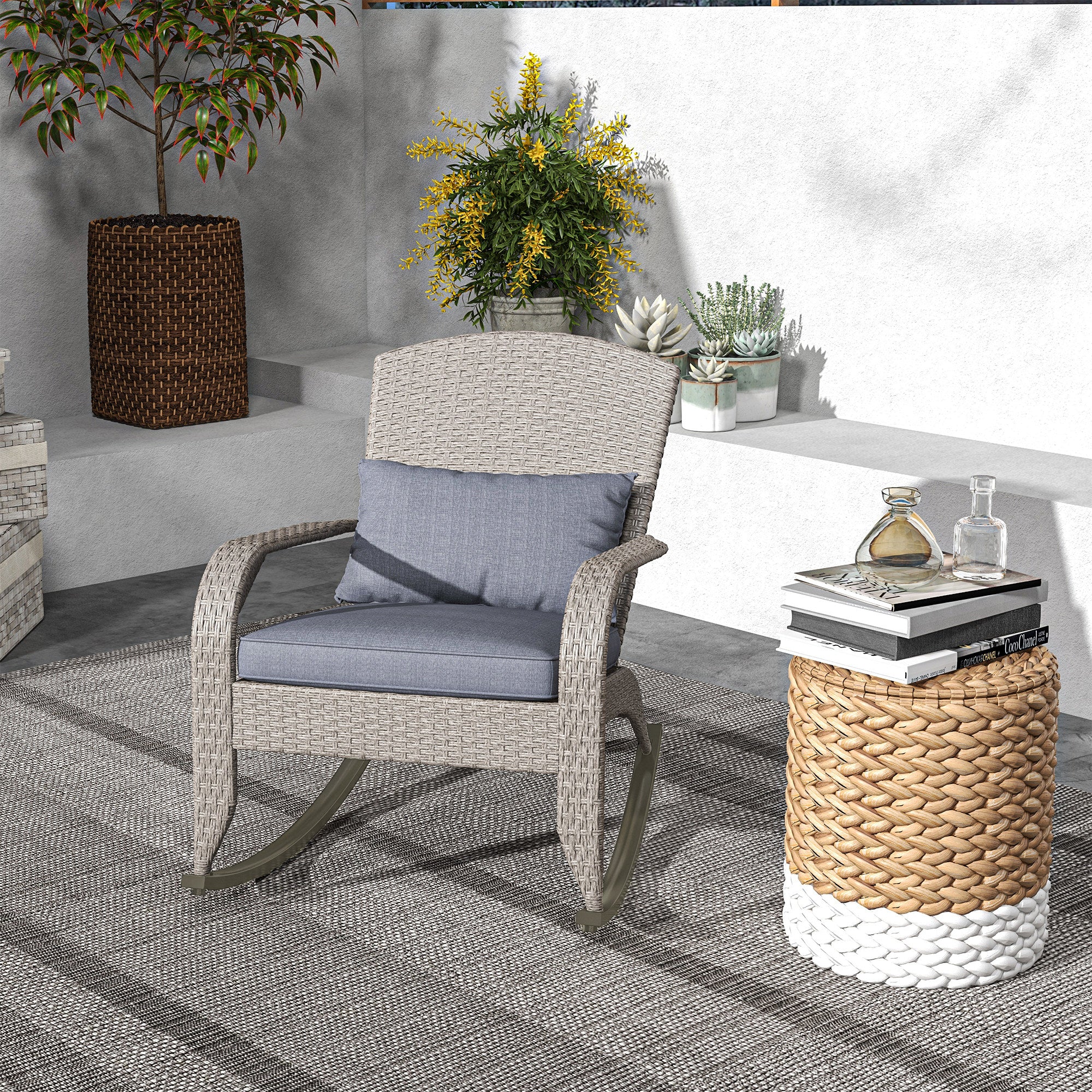 Outsunny Outdoor Wicker Adirondack Rocking Chair, Patio Rattan Rocker Chair with High Back, Seat Cushion and Pillow for Garden, Porch, Balcony, Grey