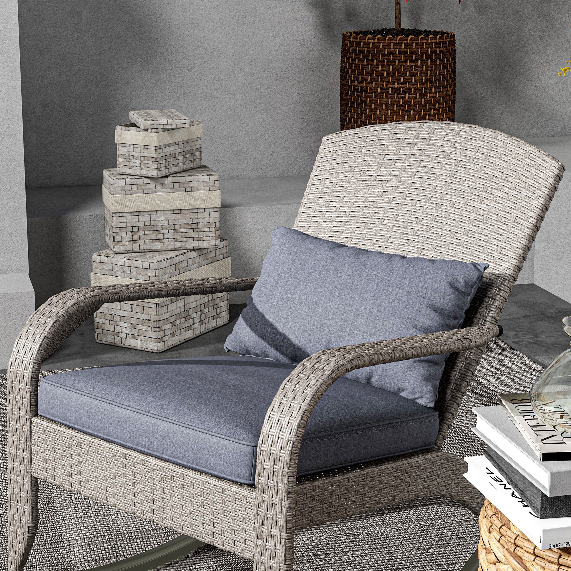 Outsunny Outdoor Wicker Adirondack Rocking Chair, Patio Rattan Rocker Chair with High Back, Seat Cushion and Pillow for Garden, Porch, Balcony, Grey