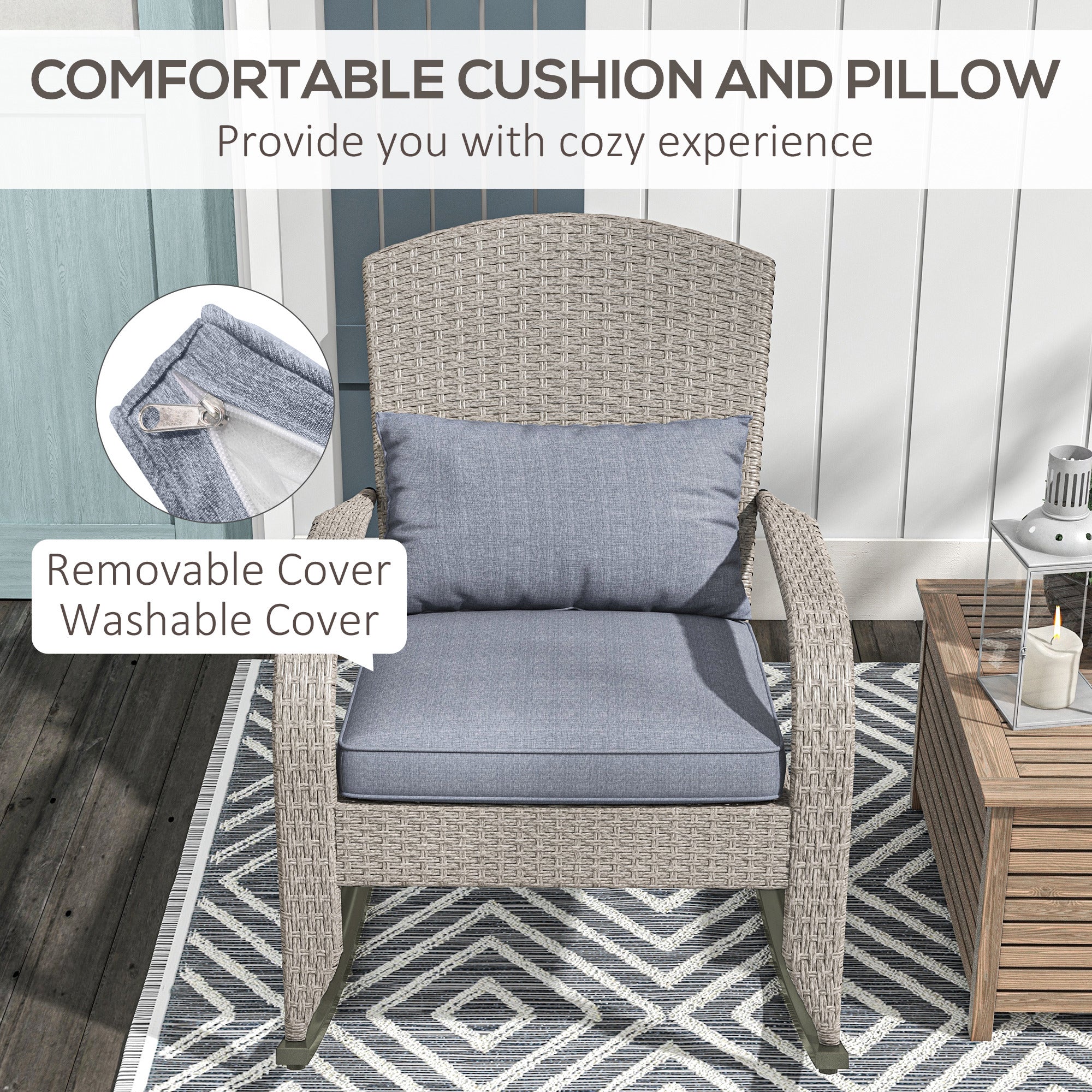 Outsunny Outdoor Wicker Adirondack Rocking Chair, Patio Rattan Rocker Chair with High Back, Seat Cushion and Pillow for Garden, Porch, Balcony, Grey