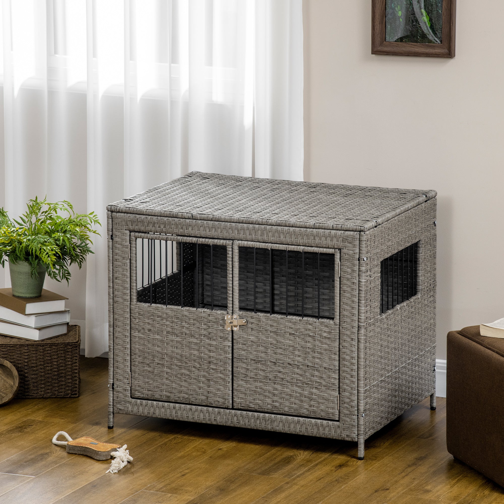 PawHut Wicker Dog Cage, Dog Crate with Lockable Door and Soft Washable Cushion for Medium to Large Sized Dogs, 85 x 61 x 70 cm, Grey