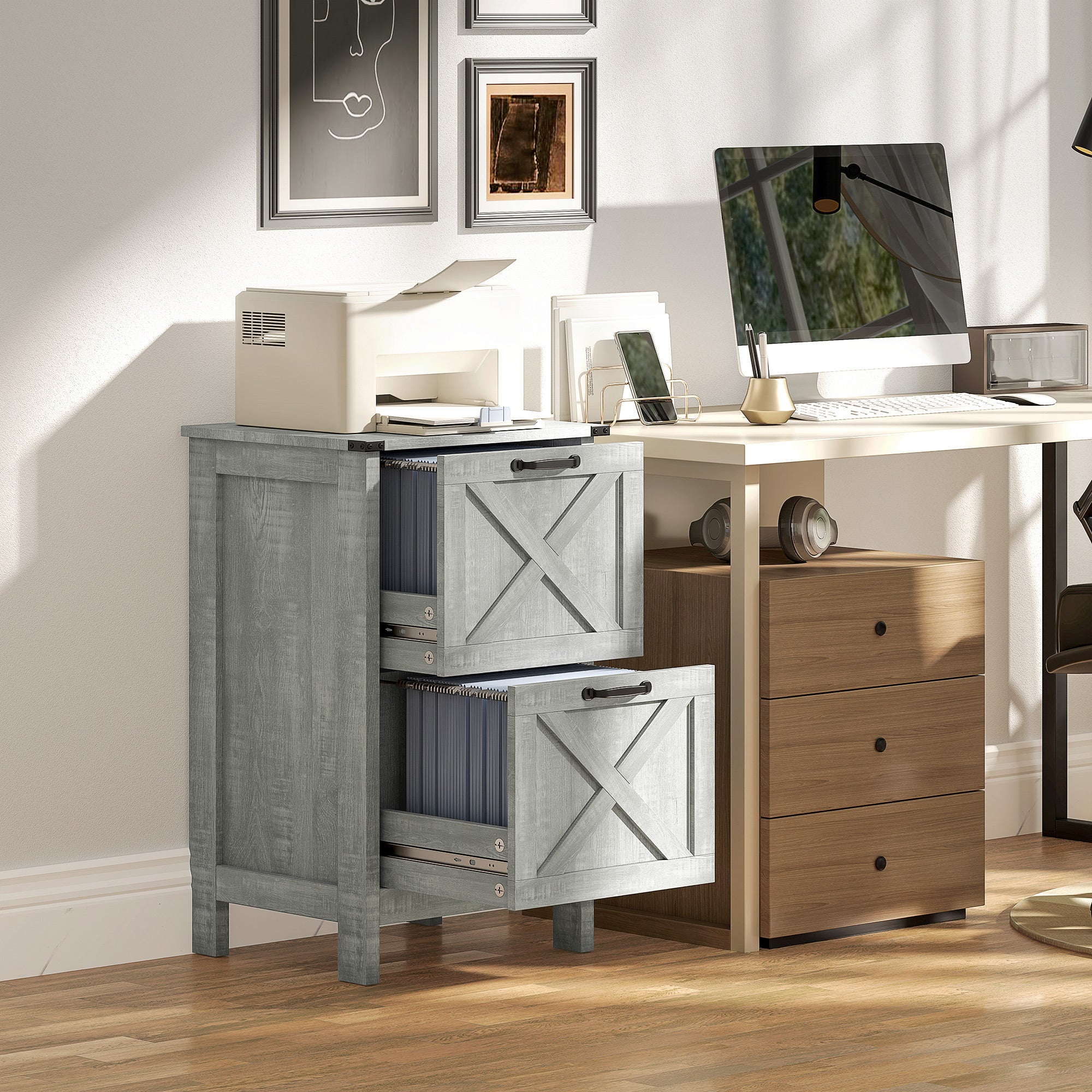 HOMCOM 2 Drawer File Cabinet with Silent Slides, Rustic Farmhouse Filing Cabinet with Barn Doors for A4/Letter Size, Printer Stand with Storage for Home Office, Stone Grey