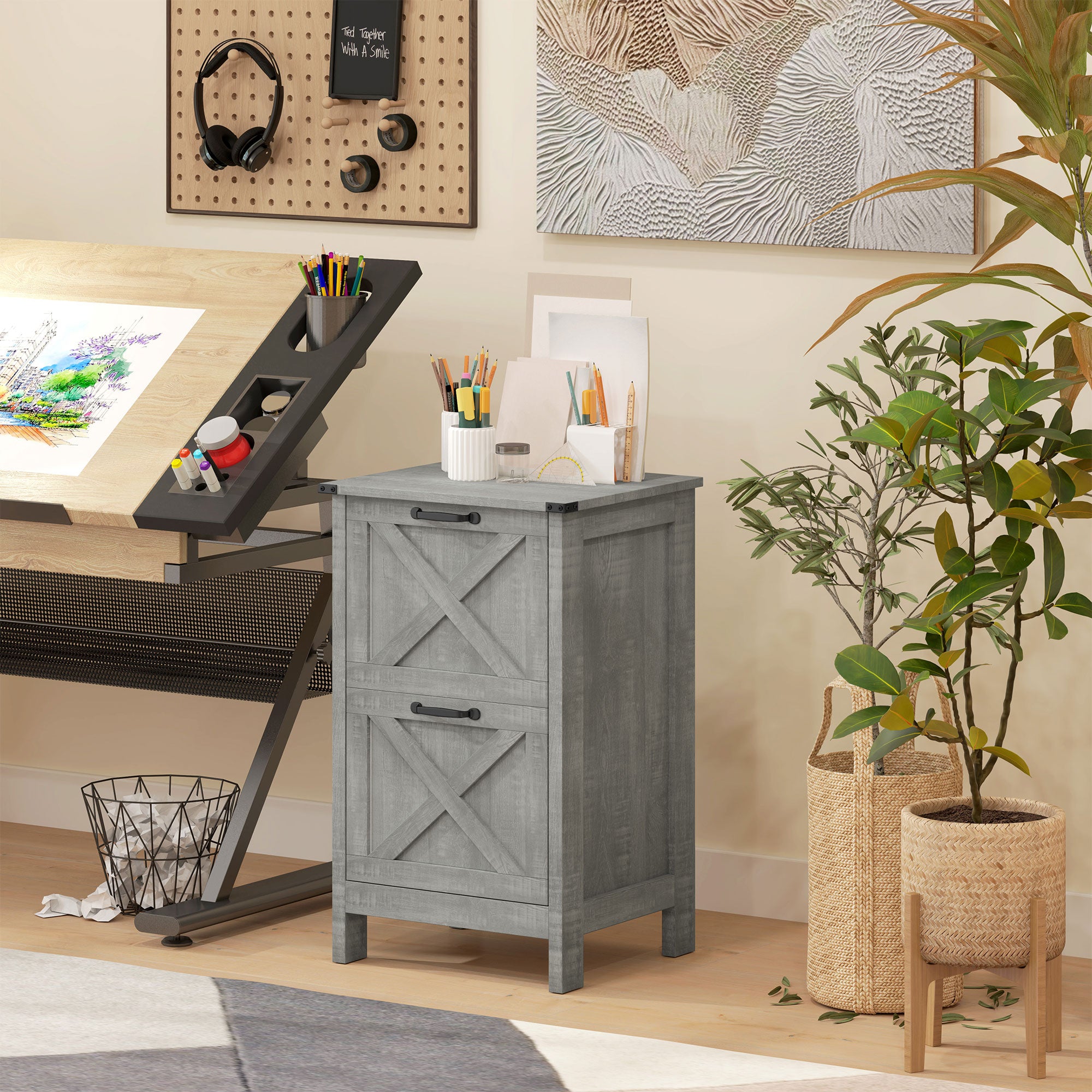 HOMCOM 2 Drawer File Cabinet with Silent Slides, Rustic Farmhouse Filing Cabinet with Barn Doors for A4/Letter Size, Printer Stand with Storage for Home Office, Stone Grey