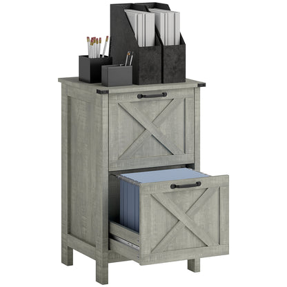 HOMCOM 2 Drawer File Cabinet with Silent Slides, Rustic Farmhouse Filing Cabinet with Barn Doors for A4/Letter Size, Printer Stand with Storage for Home Office, Stone Grey