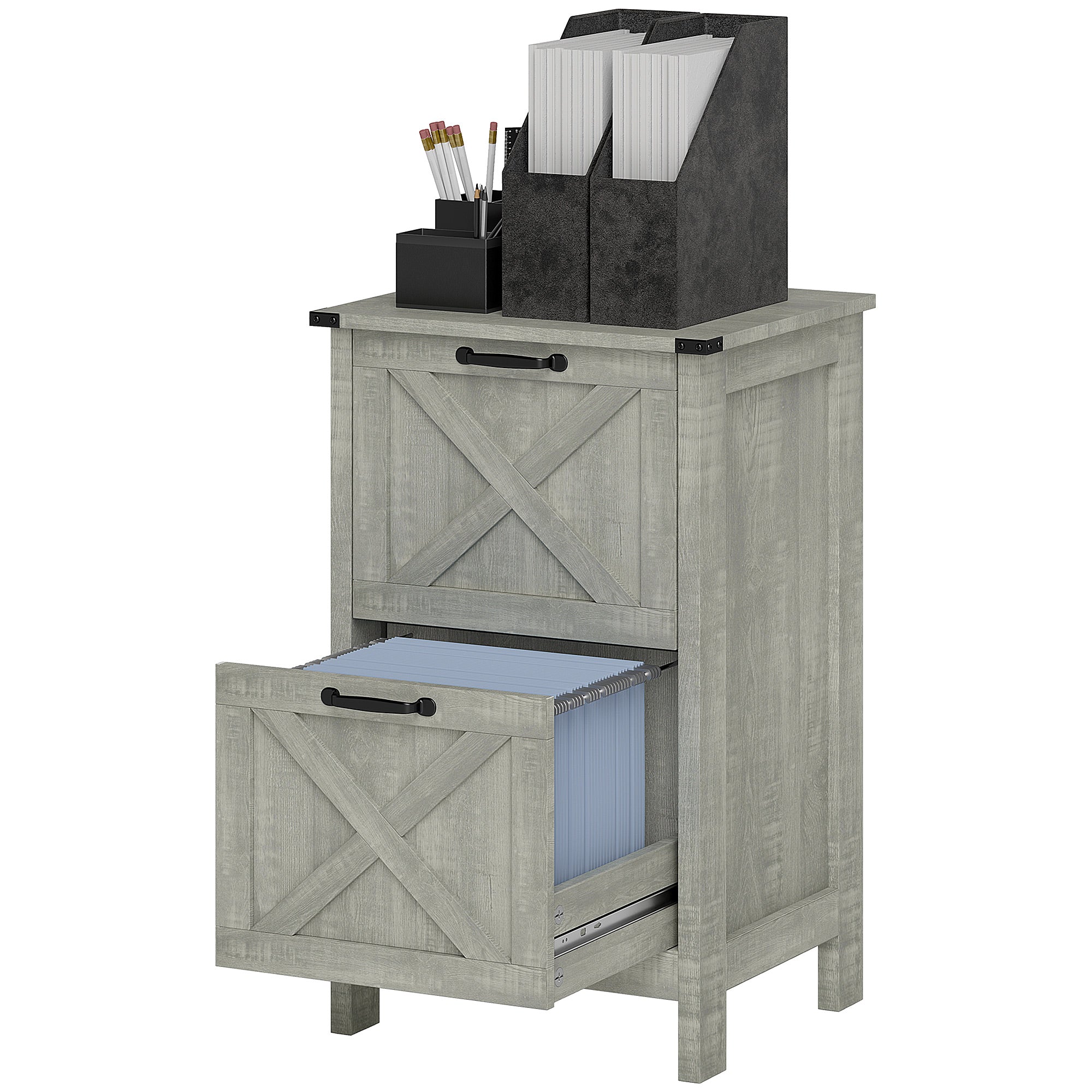 HOMCOM 2 Drawer File Cabinet with Silent Slides, Rustic Farmhouse Filing Cabinet with Barn Doors for A4/Letter Size, Printer Stand with Storage for Home Office, Stone Grey