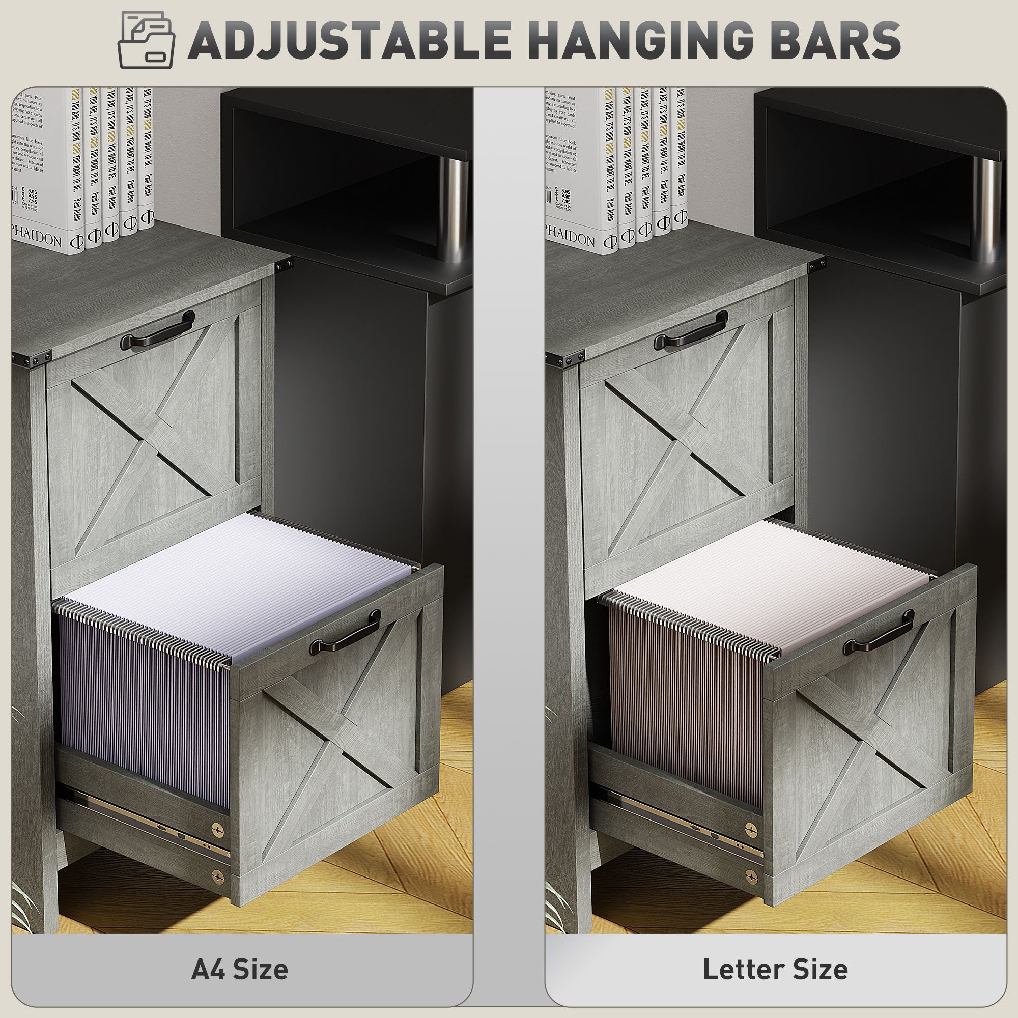 HOMCOM 2 Drawer File Cabinet with Silent Slides, Rustic Farmhouse Filing Cabinet with Barn Doors for A4/Letter Size, Printer Stand with Storage for Home Office, Stone Grey