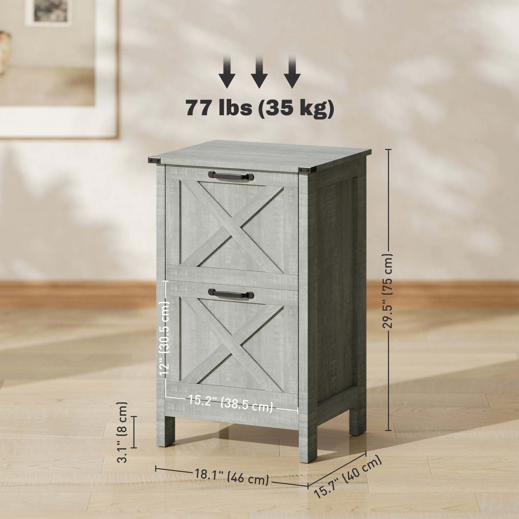 HOMCOM 2 Drawer File Cabinet with Silent Slides, Rustic Farmhouse Filing Cabinet with Barn Doors for A4/Letter Size, Printer Stand with Storage for Home Office, Stone Grey