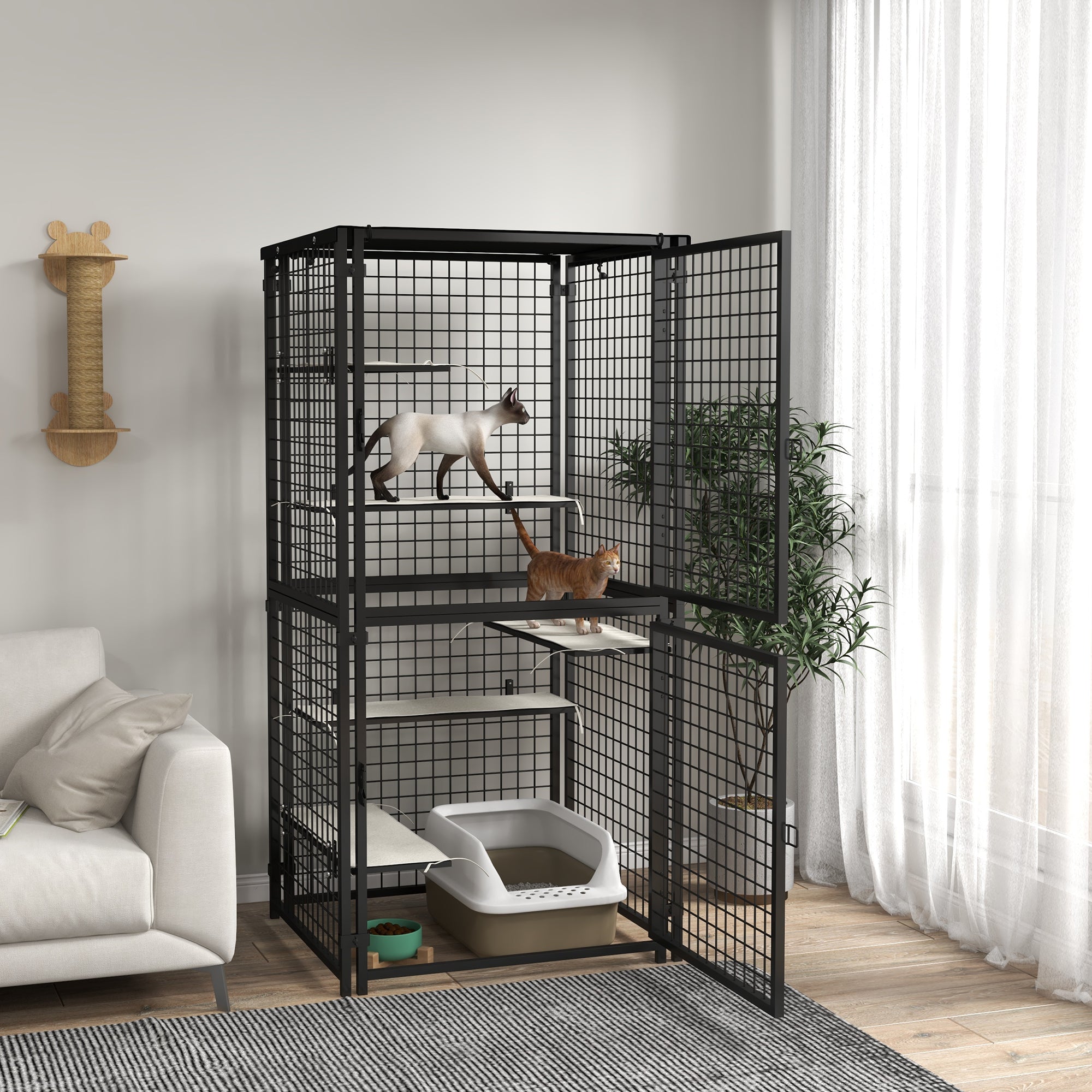 PawHut 71"H Large Cat Cage, Multi-Level Catio Outdoor Cat Enclosure with UV-and Water Resistant Cover, 5 Platforms, Soft Pads, Double Doors, Metal for Indoor Outdoor Use, Black