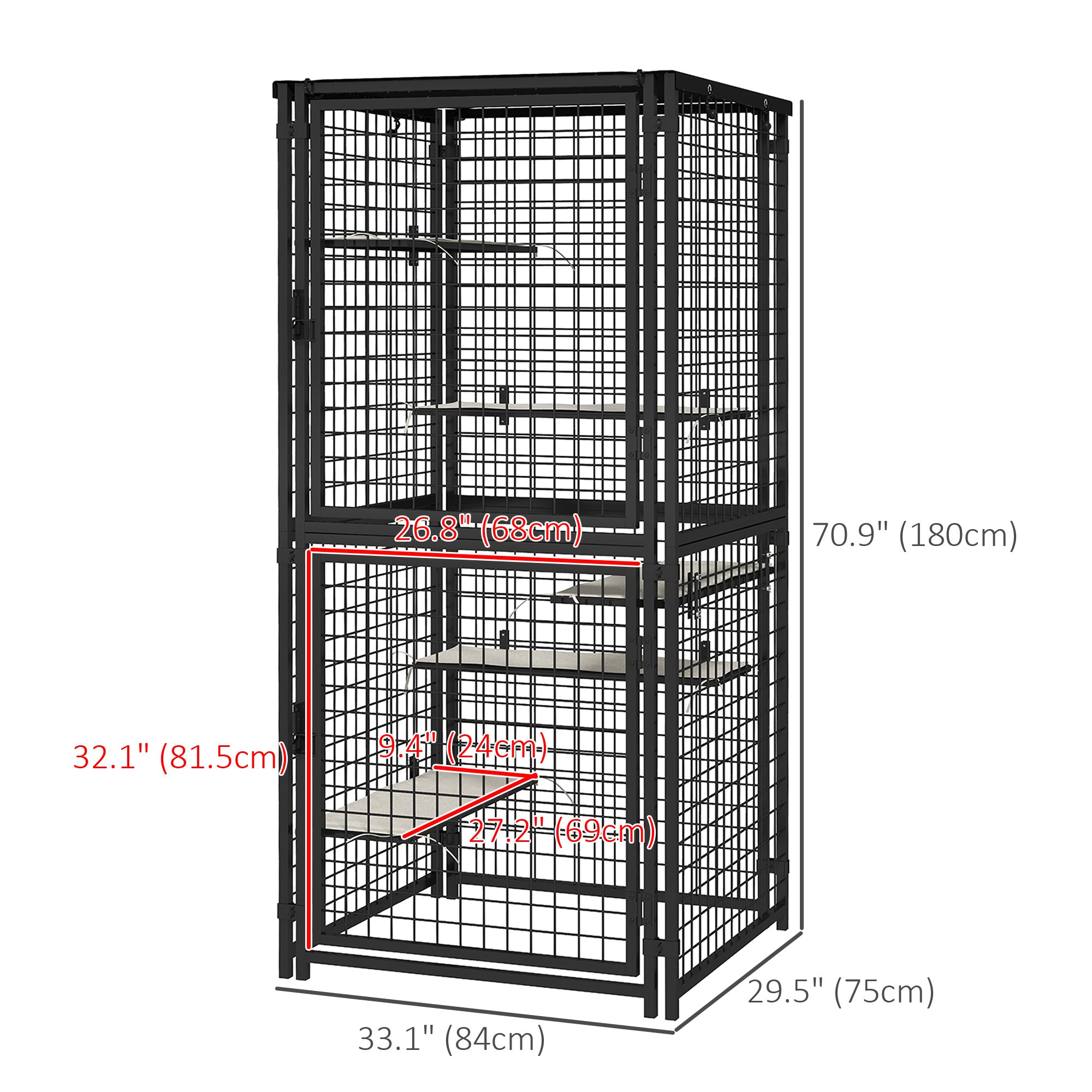 PawHut 71"H Large Cat Cage, Multi-Level Catio Outdoor Cat Enclosure with UV-and Water Resistant Cover, 5 Platforms, Soft Pads, Double Doors, Metal for Indoor Outdoor Use, Black