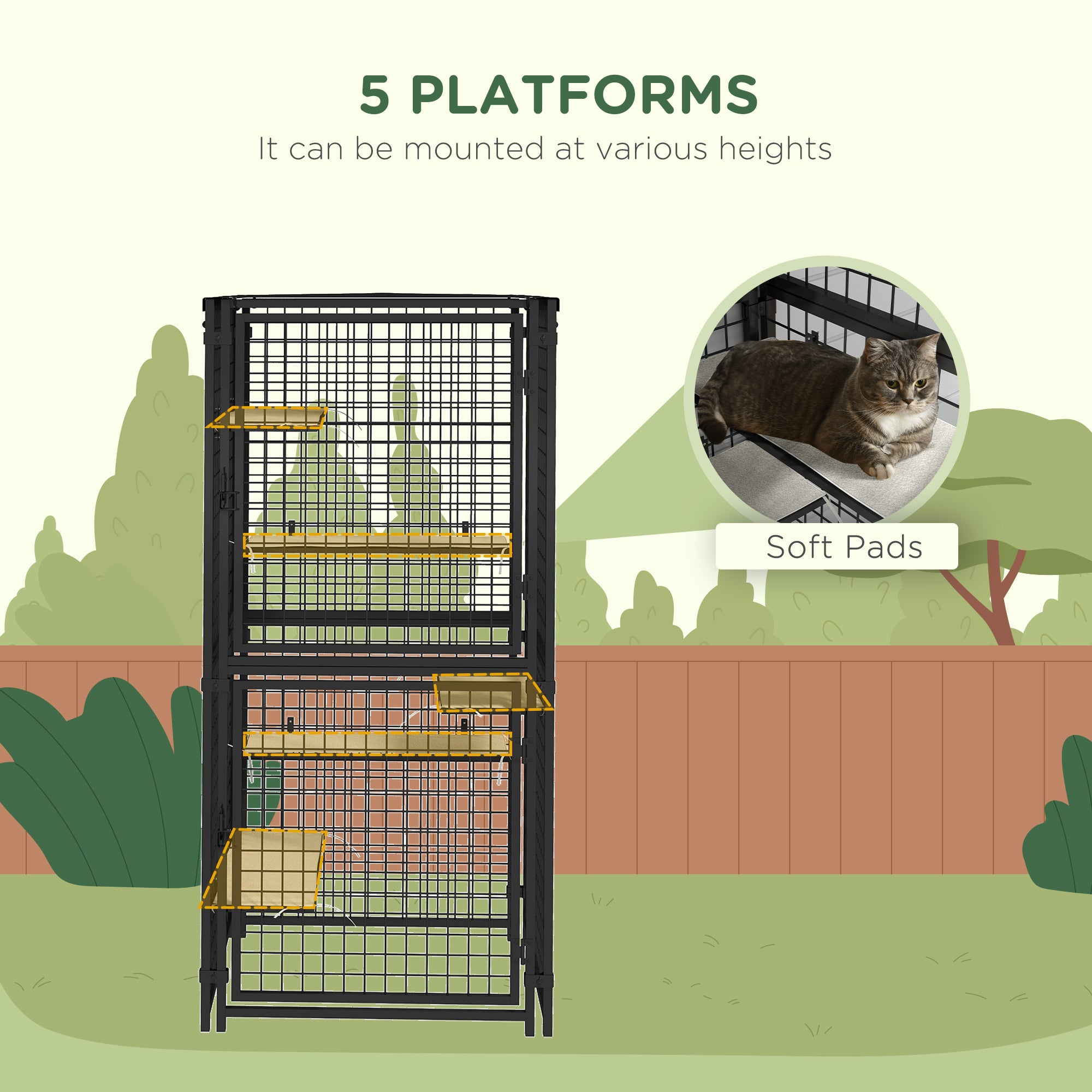 PawHut 71"H Large Cat Cage, Multi-Level Catio Outdoor Cat Enclosure with UV-and Water Resistant Cover, 5 Platforms, Soft Pads, Double Doors, Metal for Indoor Outdoor Use, Black