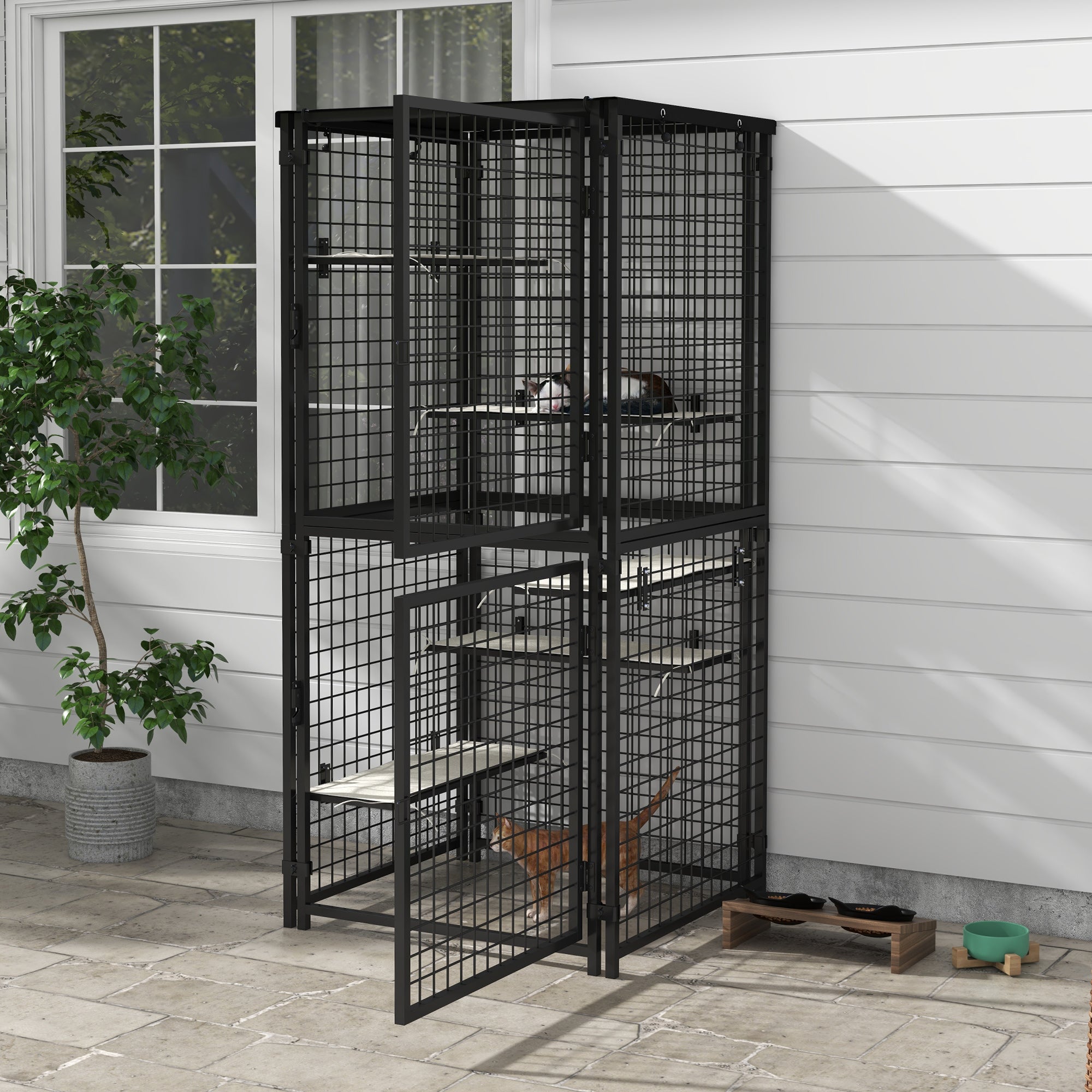 PawHut 71"H Large Cat Cage, Multi-Level Catio Outdoor Cat Enclosure with UV-and Water Resistant Cover, 5 Platforms, Soft Pads, Double Doors, Metal for Indoor Outdoor Use, Black