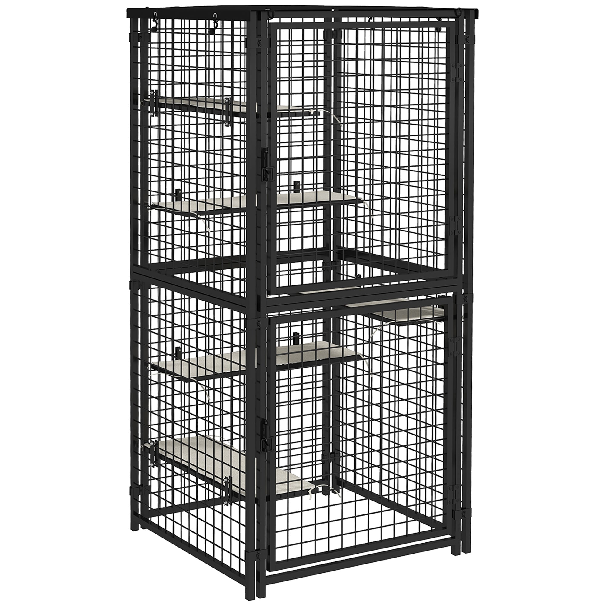 PawHut 71"H Large Cat Cage, Multi-Level Catio Outdoor Cat Enclosure with UV-and Water Resistant Cover, 5 Platforms, Soft Pads, Double Doors, Metal for Indoor Outdoor Use, Black
