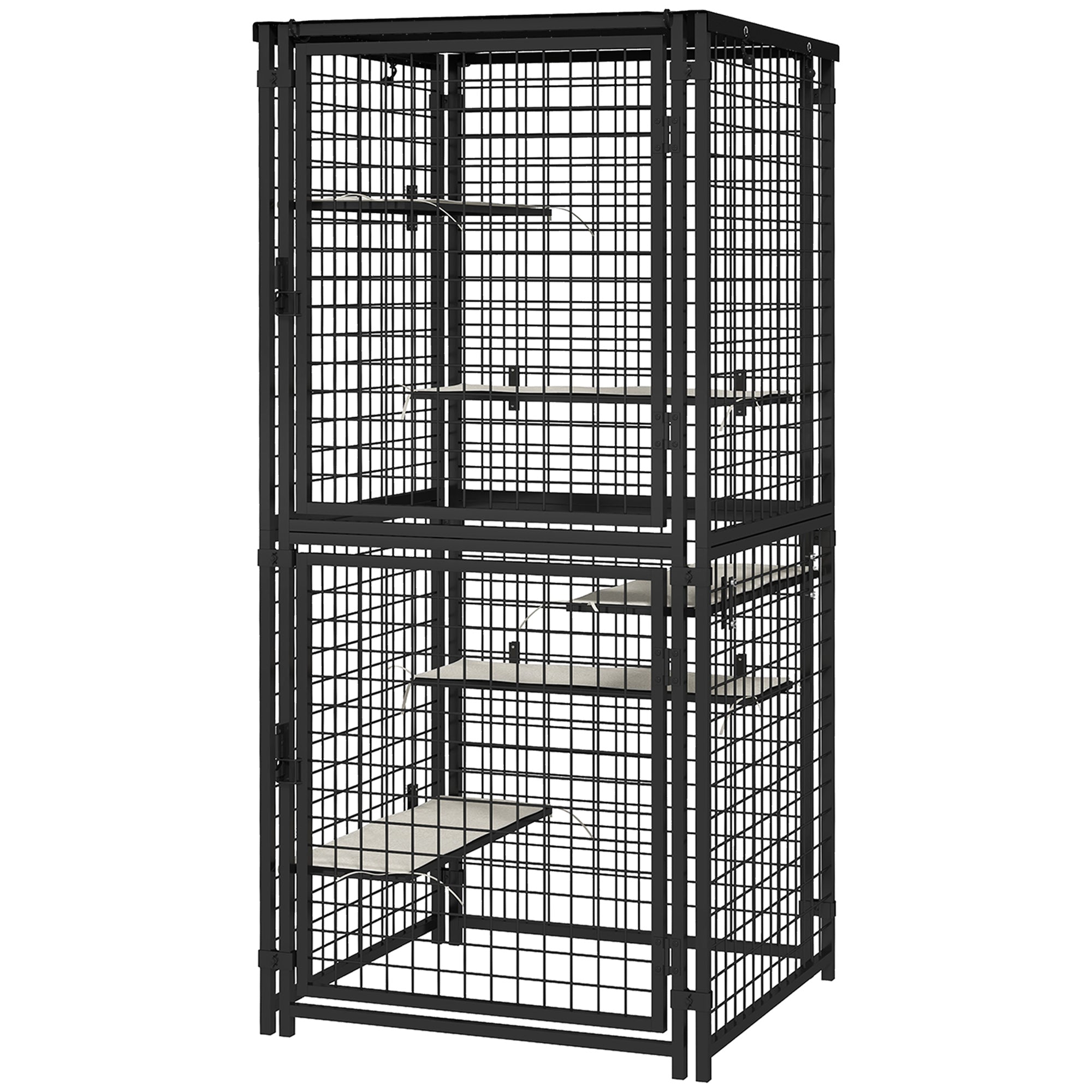 PawHut 71"H Large Cat Cage, Multi-Level Catio Outdoor Cat Enclosure with UV-and Water Resistant Cover, 5 Platforms, Soft Pads, Double Doors, Metal for Indoor Outdoor Use, Black