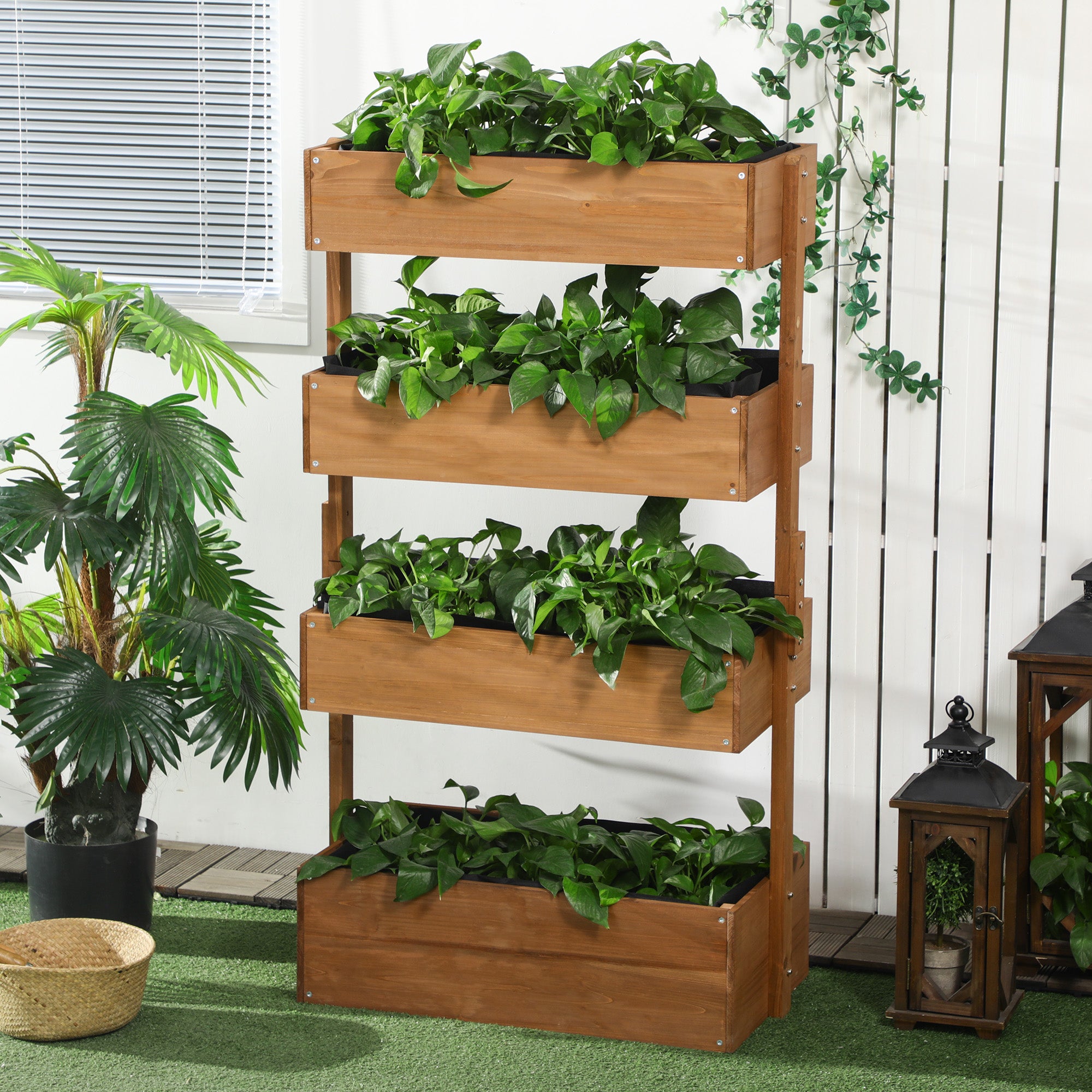 Outsunny 4-Tier Raised Garden Bed, Vertical Elevated Planter Rack with Non-woven Fabric, Wooden Raised Planter Boxes for Indoor and Outdoor