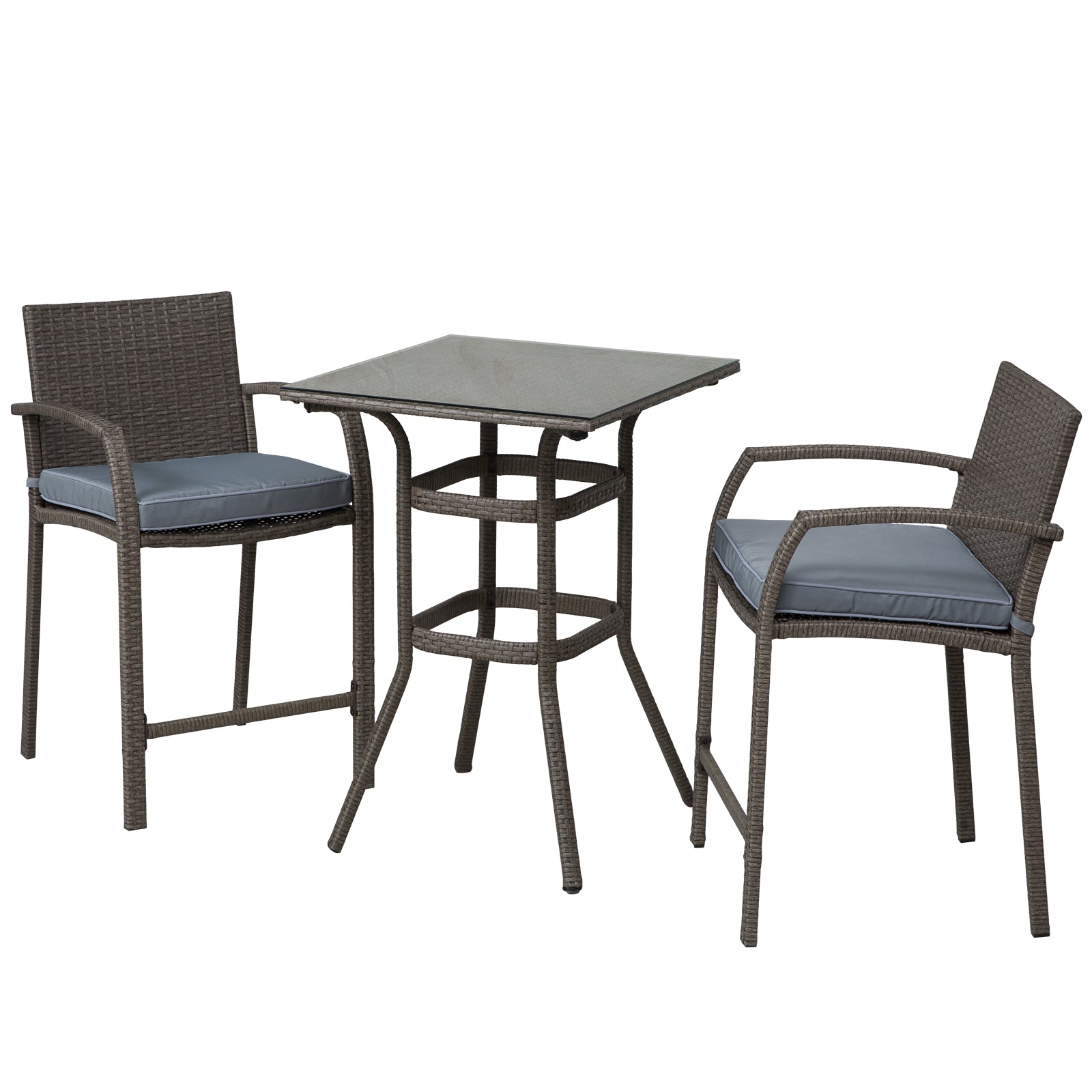 Outsunny 3 Pieces Patio Bar Set Wicker Garden Bistro Set Outdoor Furniture PE Rattan Table and Stools with Seat Cushion, Grey