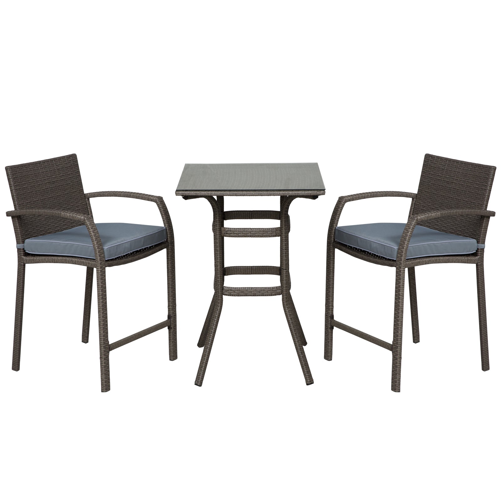 Outsunny 3 Pieces Patio Bar Set Wicker Garden Bistro Set Outdoor Furniture PE Rattan Table and Stools with Seat Cushion, Grey
