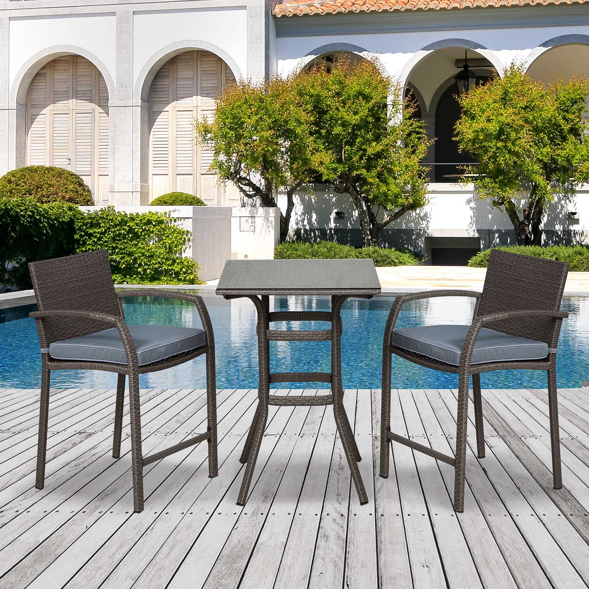 Outsunny 3 Pieces Patio Bar Set Wicker Garden Bistro Set Outdoor Furniture PE Rattan Table and Stools with Seat Cushion, Grey
