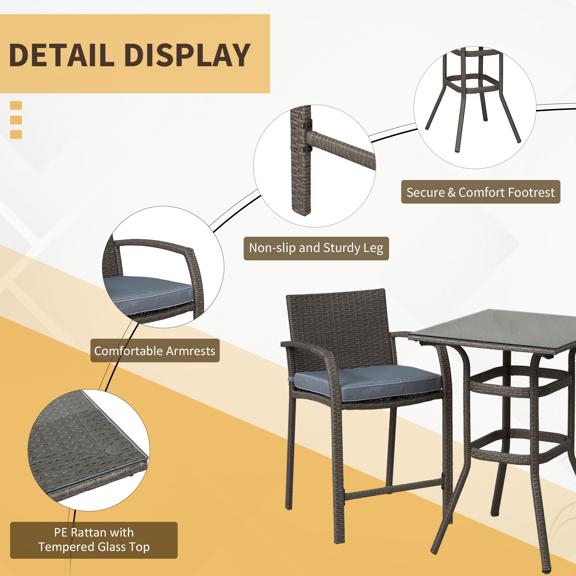 Outsunny 3 Pieces Patio Bar Set Wicker Garden Bistro Set Outdoor Furniture PE Rattan Table and Stools with Seat Cushion, Grey
