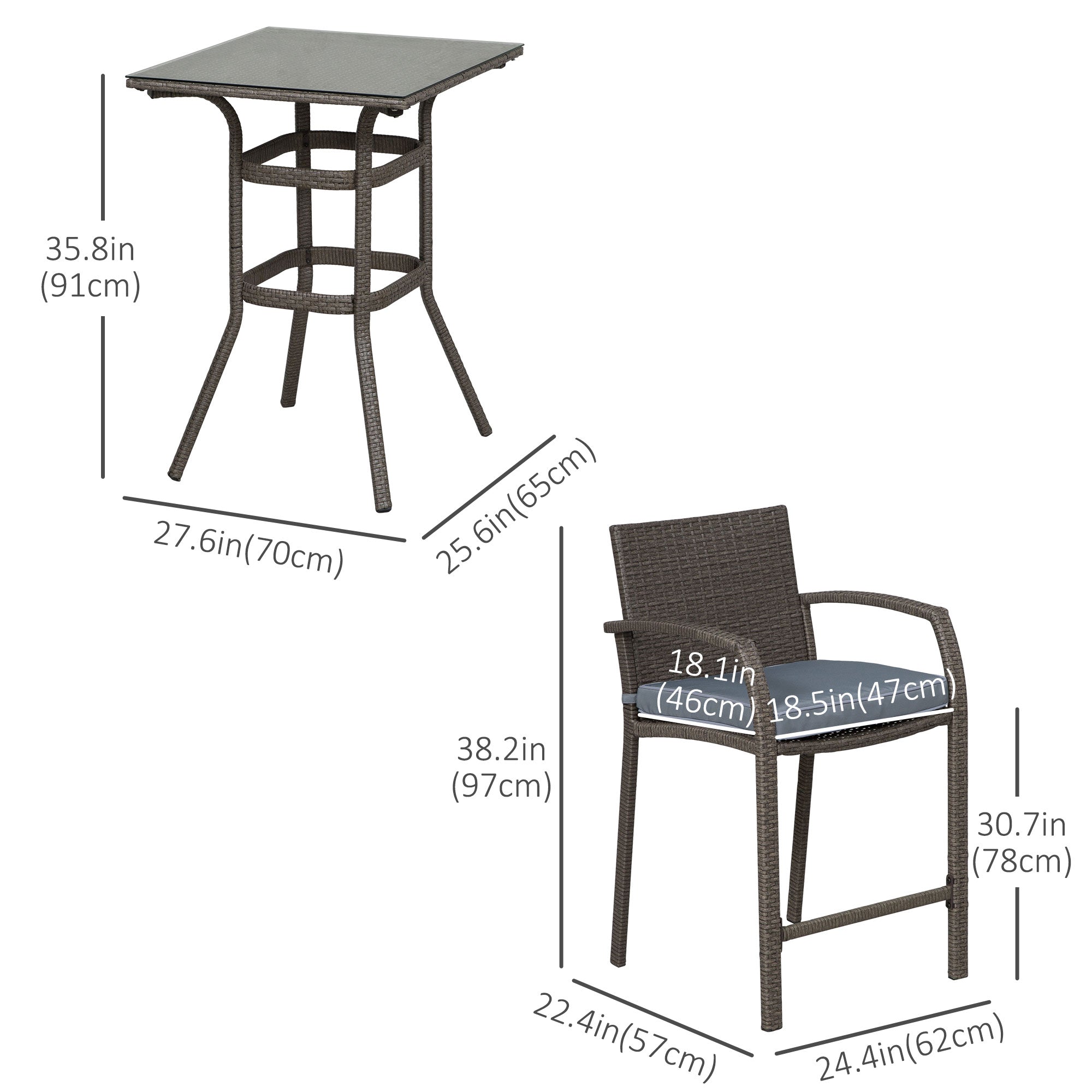 Outsunny 3 Pieces Patio Bar Set Wicker Garden Bistro Set Outdoor Furniture PE Rattan Table and Stools with Seat Cushion, Grey