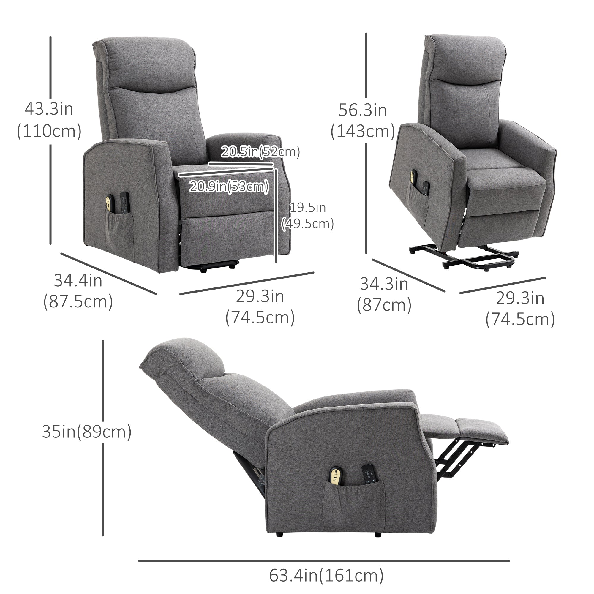 HOMCOM Power Lift Massage Recliner Chair, Electric Linen Fabric Reclining Chair with 8 Vibration Points, Remote Control, Side Pockets, Dark Grey